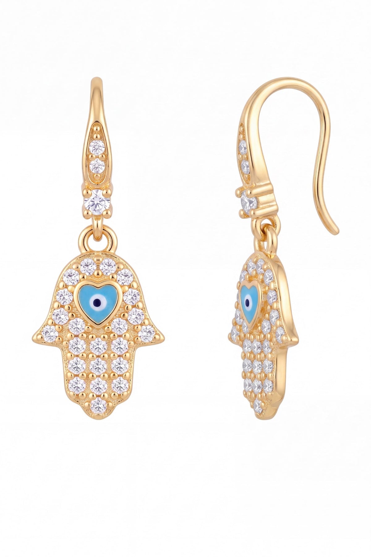 Gold Hamsa hand earrings with cubic zirconia crystals and blue evil eye center