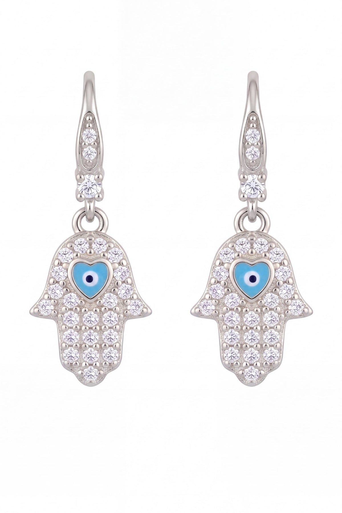 Silver Hamsa hand earrings with sparkling cubic zirconia and a blue evil eye center.