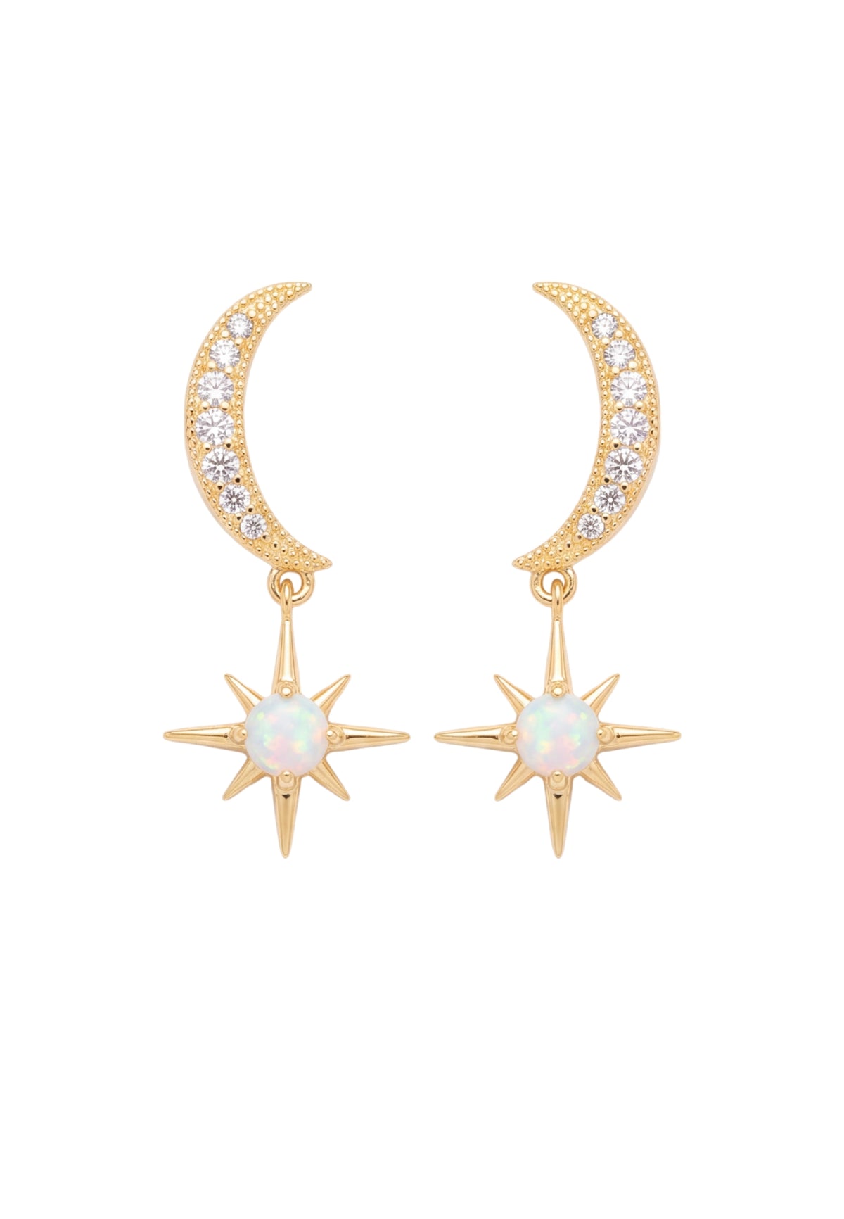 Crescent Moon And Starburst White Opal Drop Earrings Gold