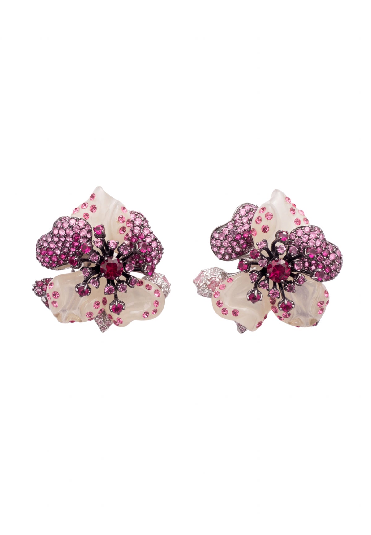 White Jade Ruby Rose Flower Stud Earrings Silver