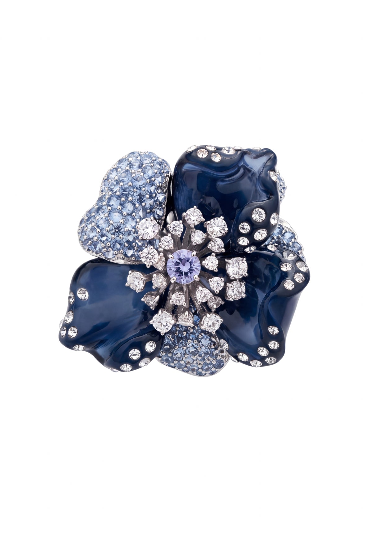 Blue Orchid Flower Cocktail Ring Silver