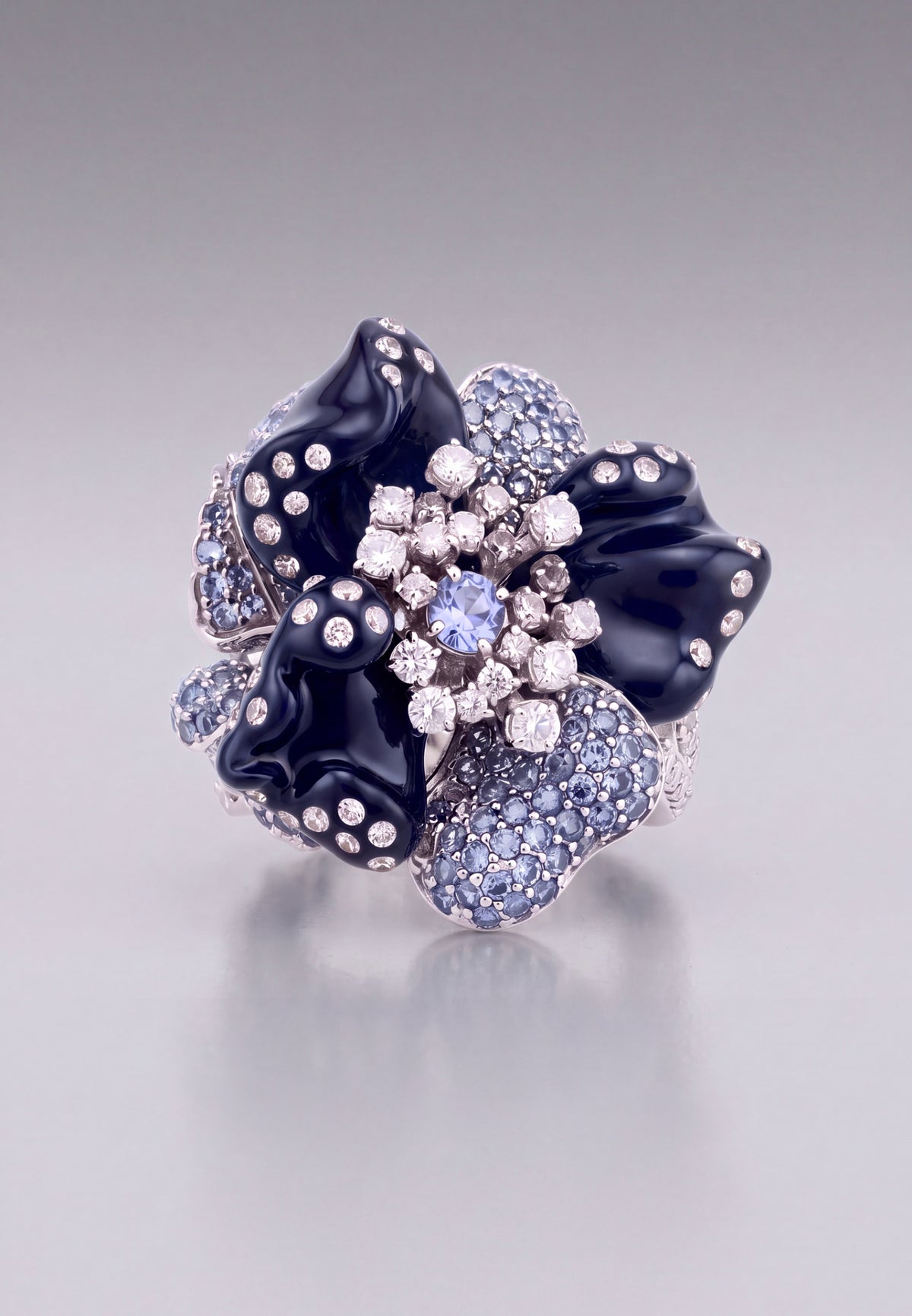 Blue Orchid Flower Cocktail Ring Silver