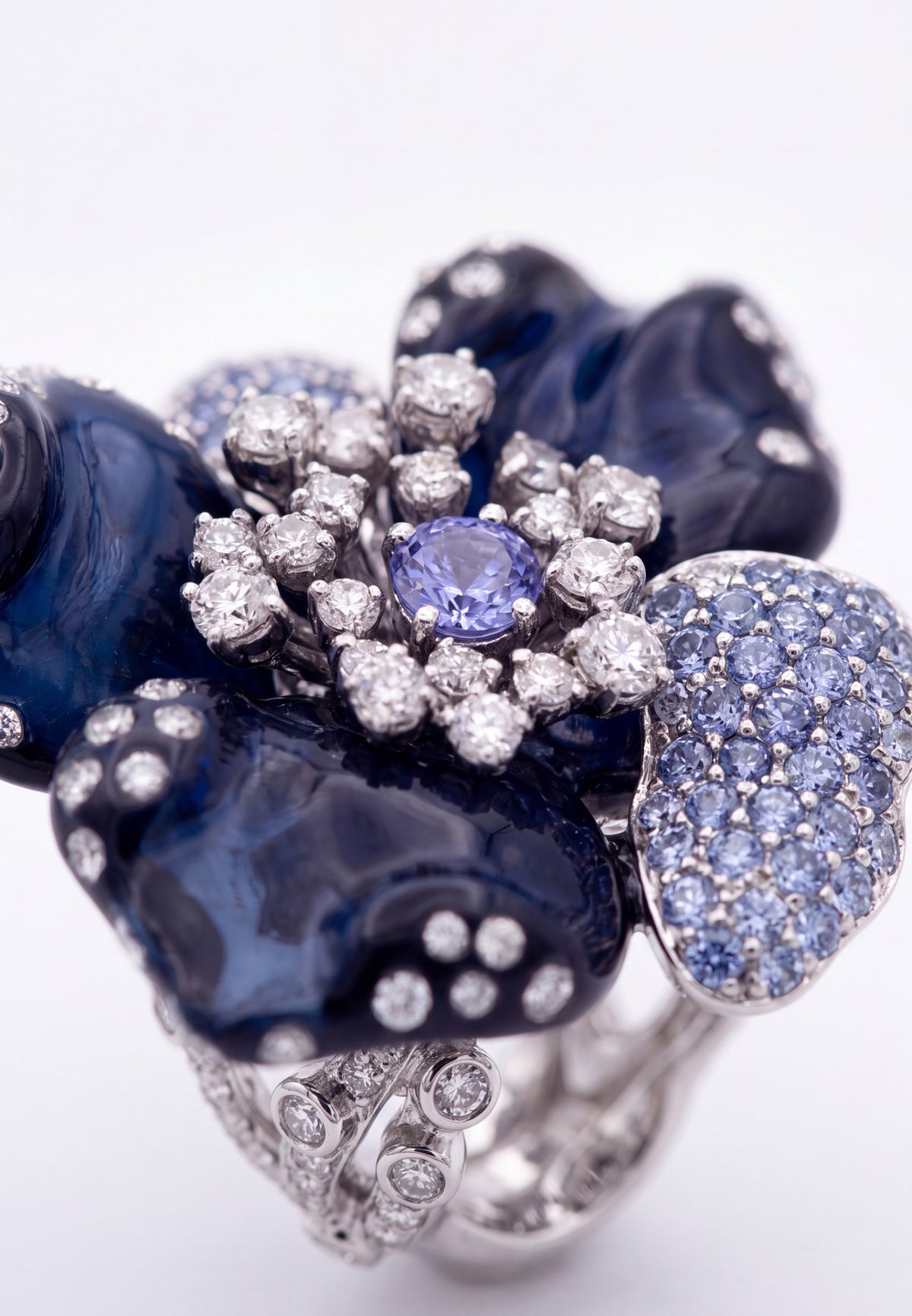 Blue Orchid Flower Cocktail Ring Silver