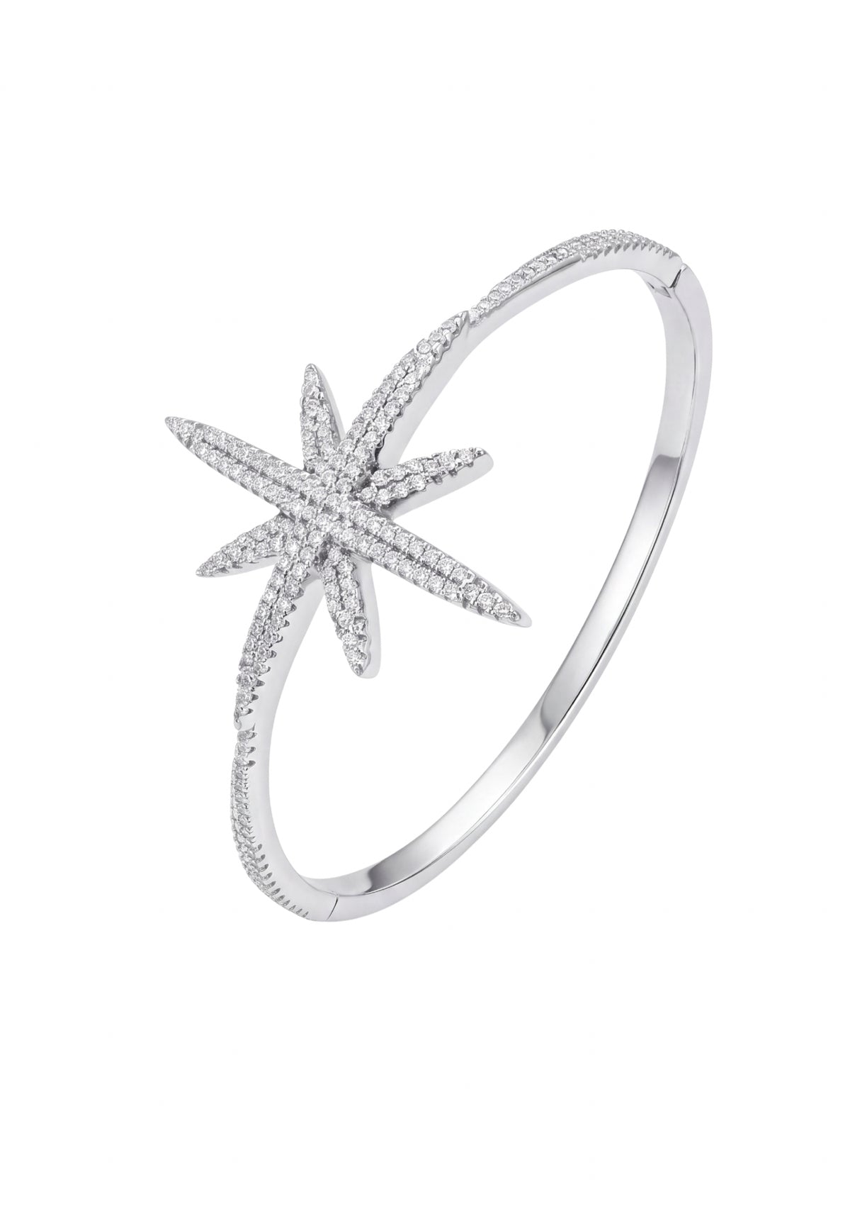 Silver starburst bangle bracelet embellished with sparkling cubic zirconia crystals