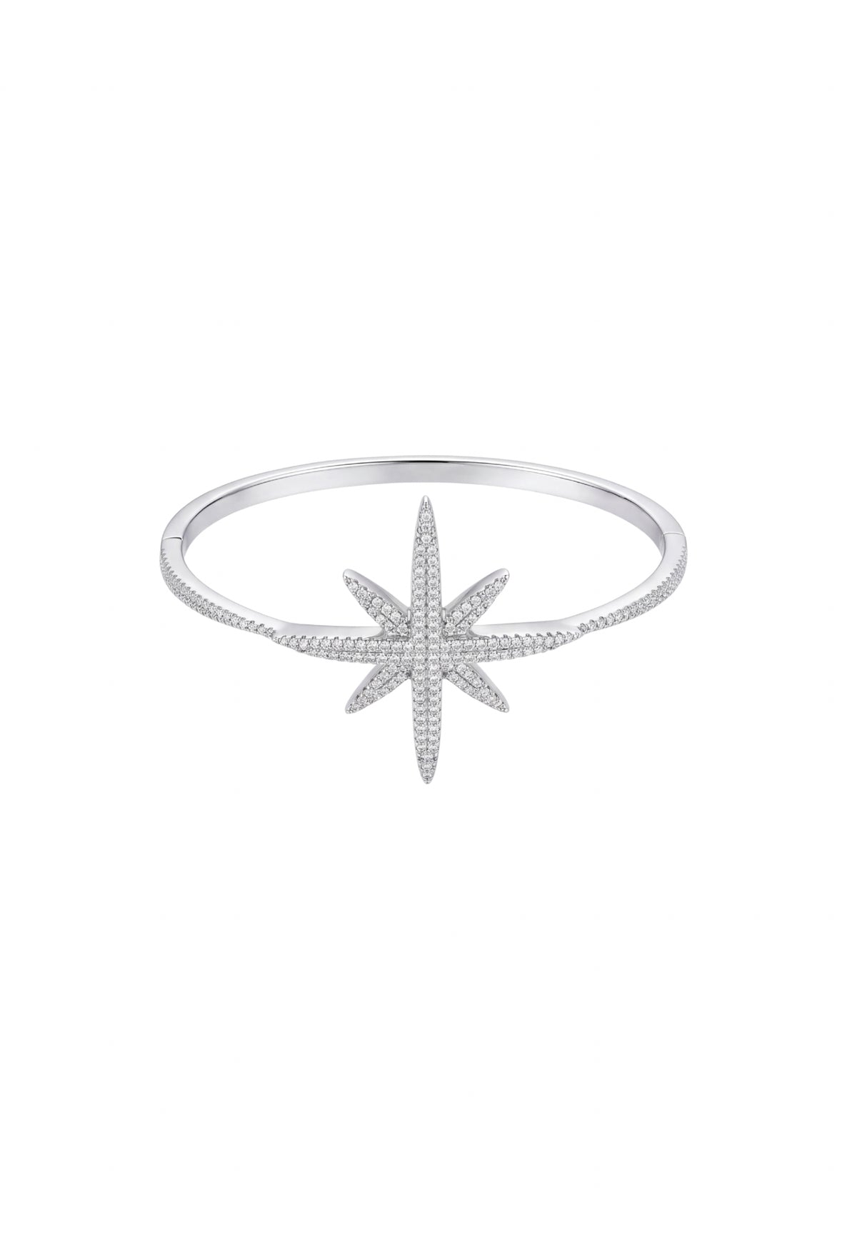 Silver starburst bangle bracelet encrusted with sparkling cubic zirconia stones.