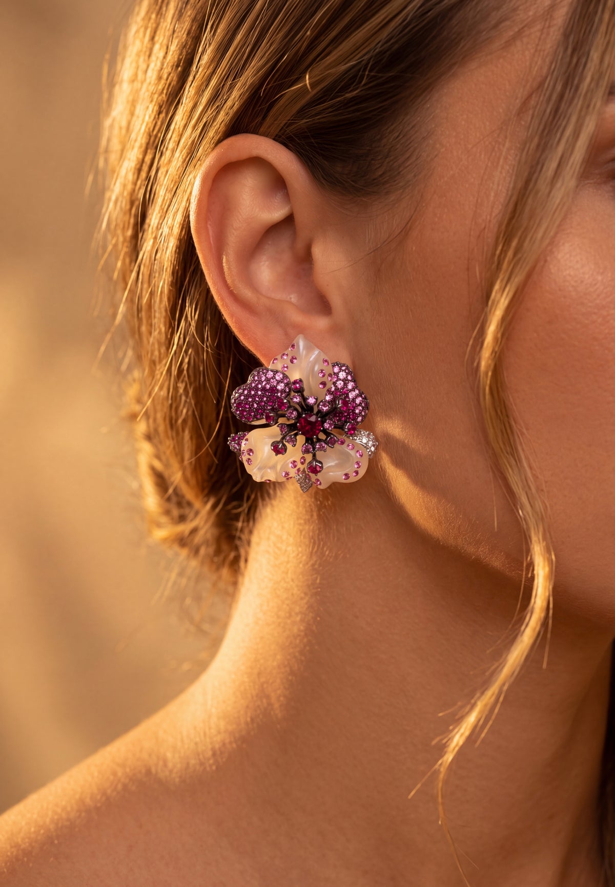 White Jade Ruby Rose Flower Stud Earrings Silver