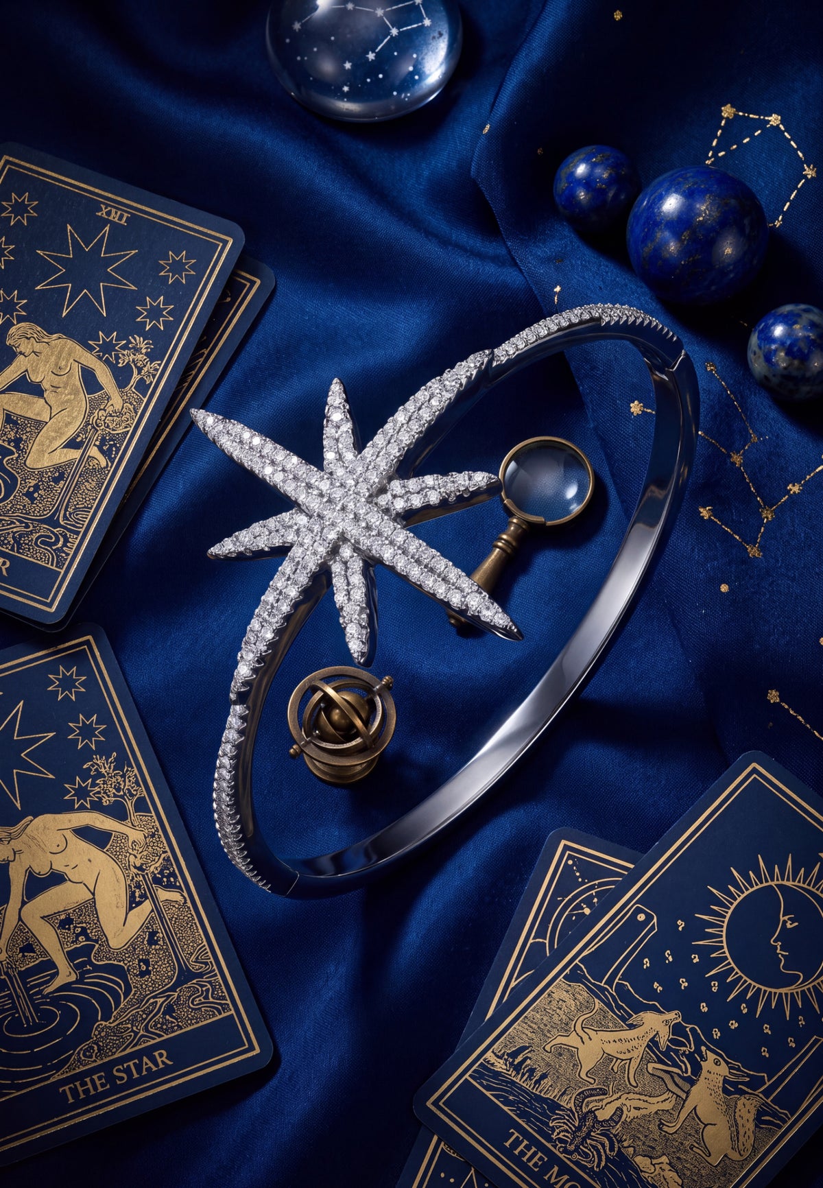 Silver star-shaped diamond bangle on blue velvet with celestial tarot cards and blue stones.