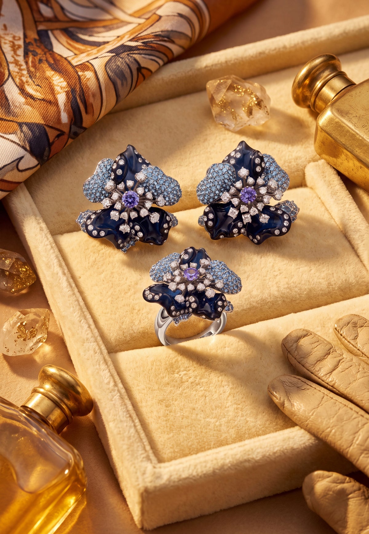 Blue Orchid Flower Cocktail Ring Silver
