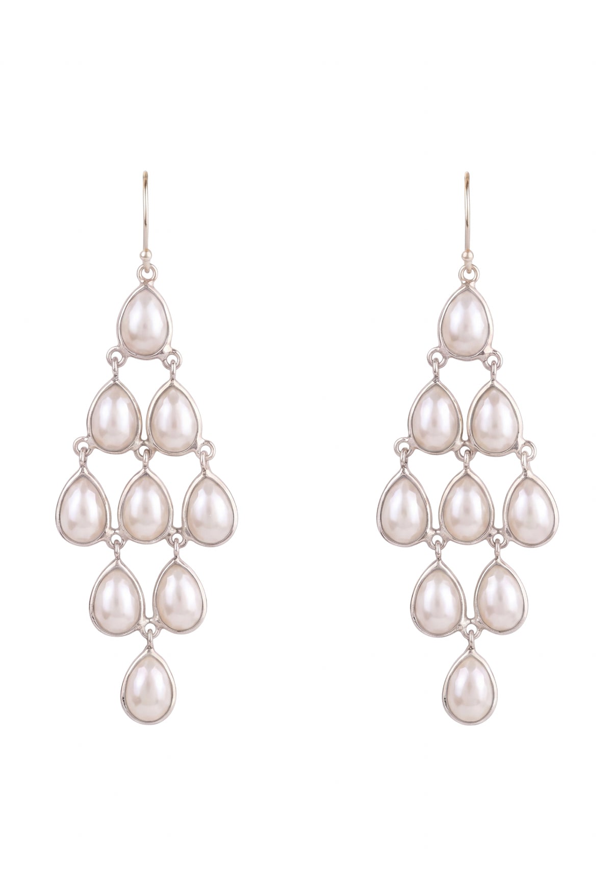 A pair of silver-tone drop earrings featuring a cascading chandelier design made of teardrop-shaped white faux pearls, set against a plain white background.