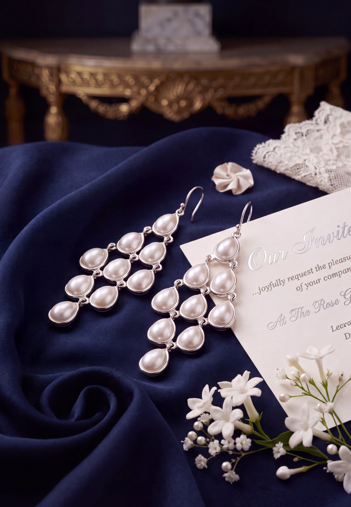 Silver drop earrings with teardrop-shaped white faux pearls, displayed on a dark navy blue satin fabric next to a wedding invitation card and small white flowers.