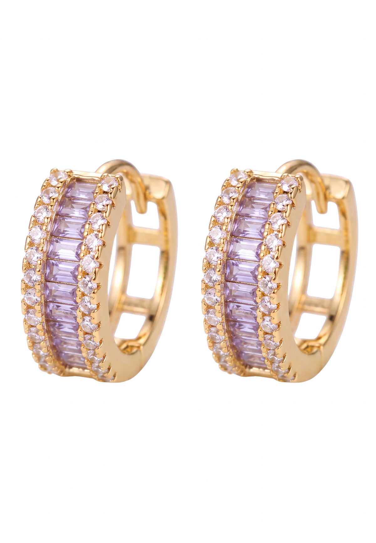 Baguette Huggie Hoop Earrings Amethyst Lilac Gold