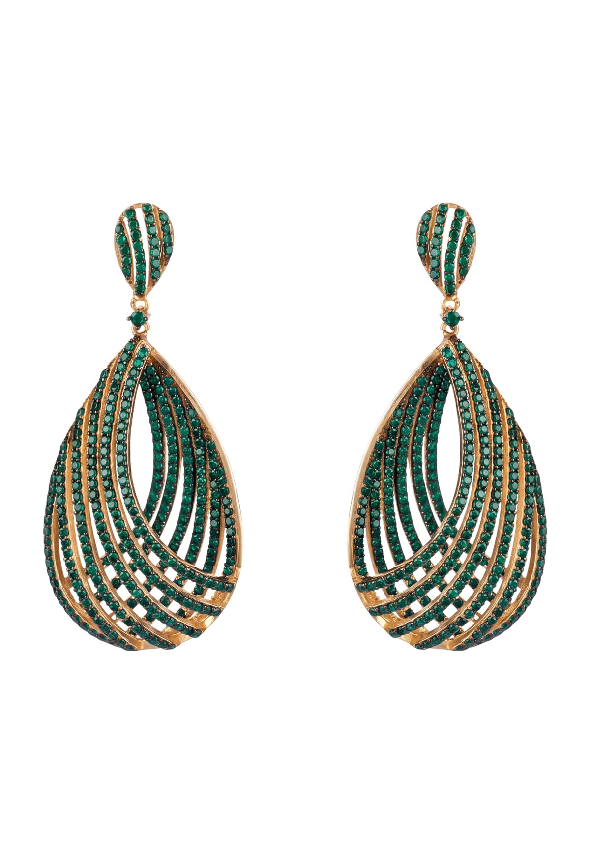 Vortex Teardrop Earrings Emerald Green Gold