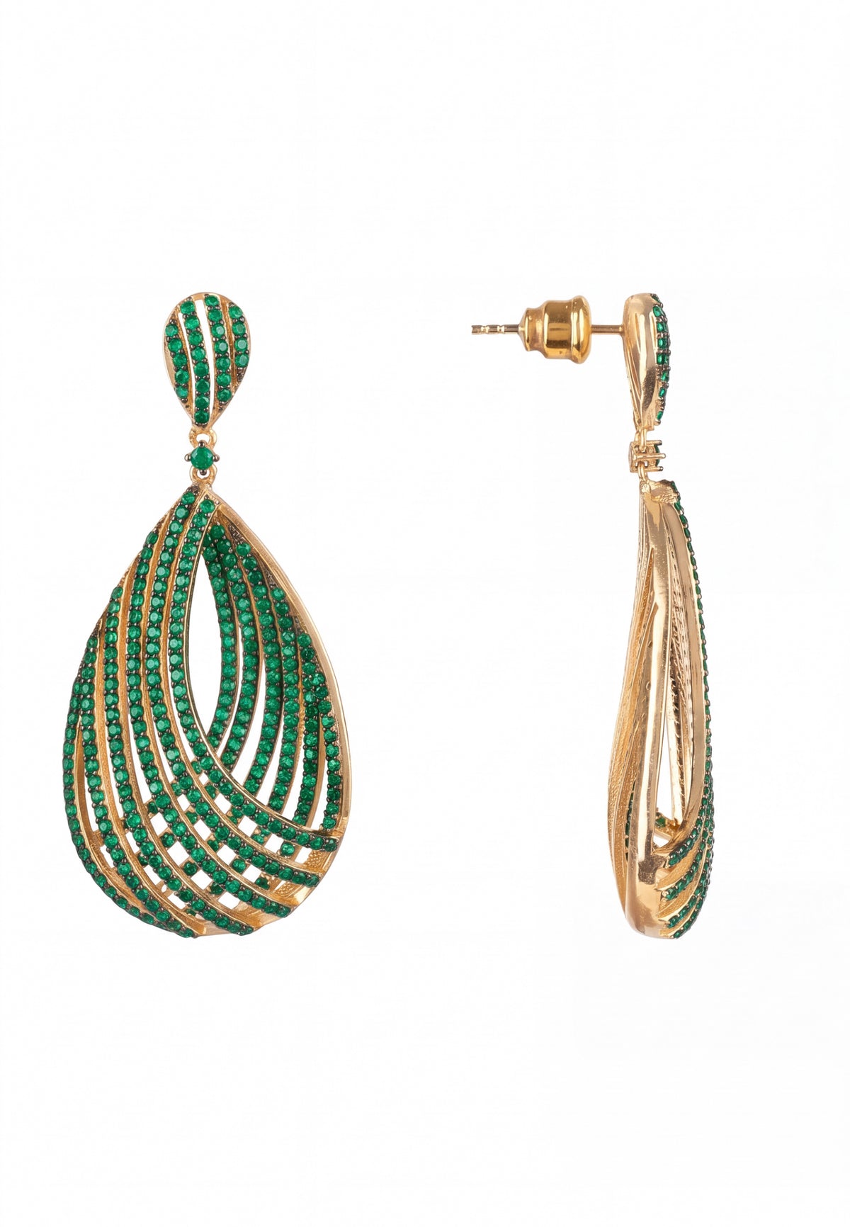 Vortex Teardrop Earrings Emerald Green Gold