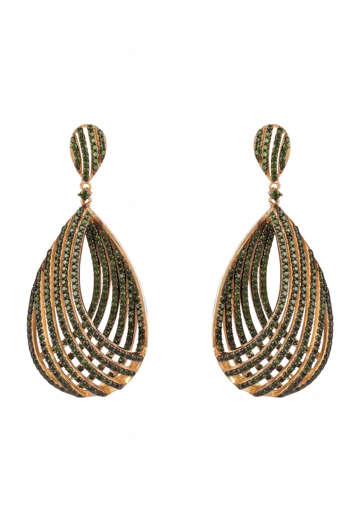 A pair of gold teardrop dangle earrings with multiple curved rows of small dark green stones, shown against a plain white background.