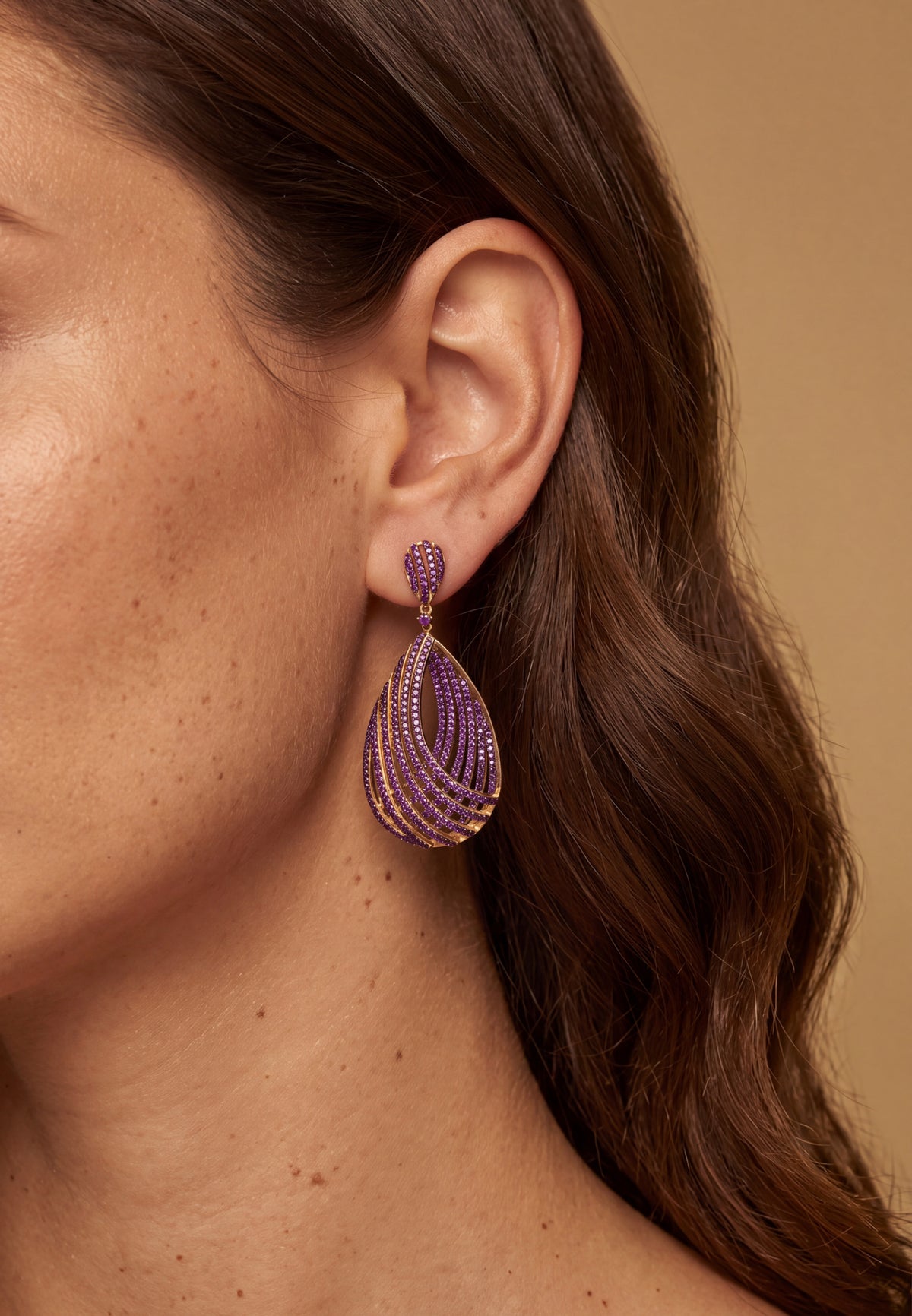 Vortex Teardrop Earrings Amethyst Purple Gold