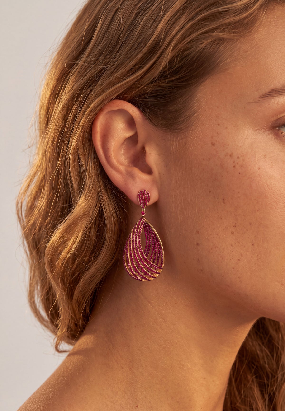 Vortex Teardrop Earrings Ruby Pink Gold