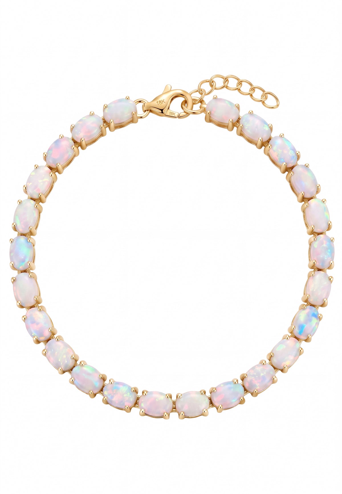 Elegant gold bracelet featuring a row of oval-shaped iridescent opals