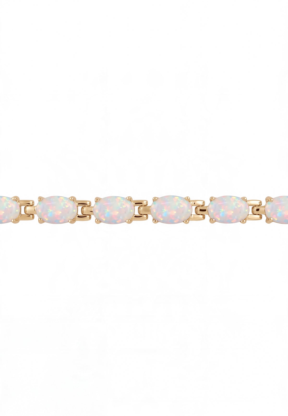 Close-up of a gold tennis bracelet featuring oval-shaped white opals.