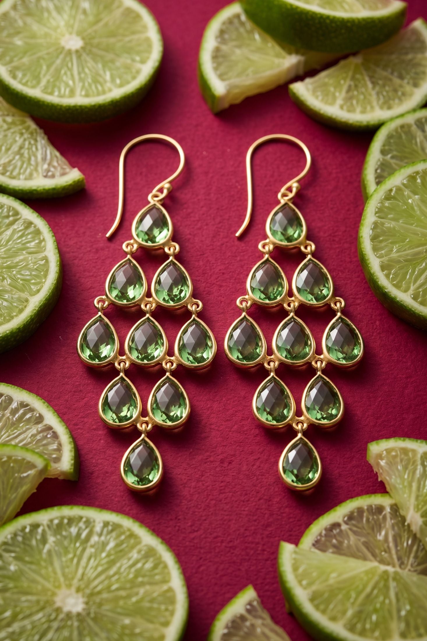 Angled view of Erviola Gemstone Cascade Earrings Gold Peridot, showing peridot detailing, gold finish and the jewellery profile.