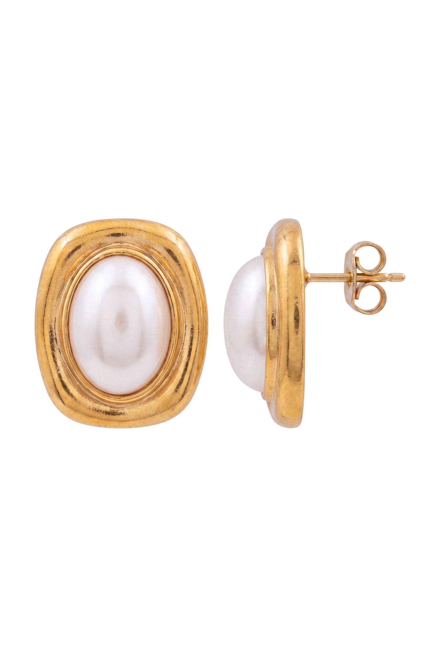 Angled view of Carrington Oval Pearl Knot Earrings Gold, showing pearl detailing, gold finish and the jewellery profile.