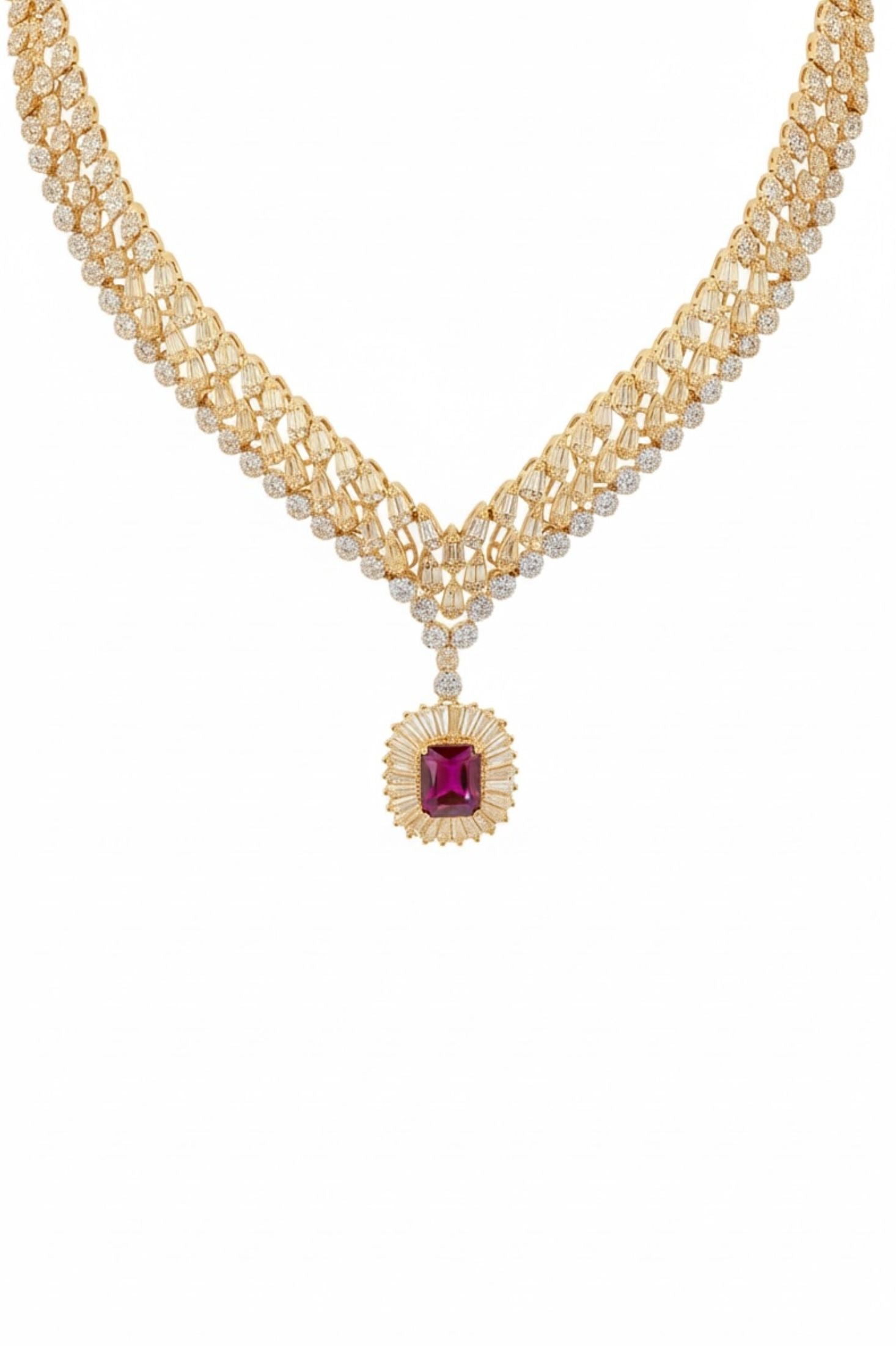 18k gold plated necklace with a ruby centerpiece and simulated diamonds.