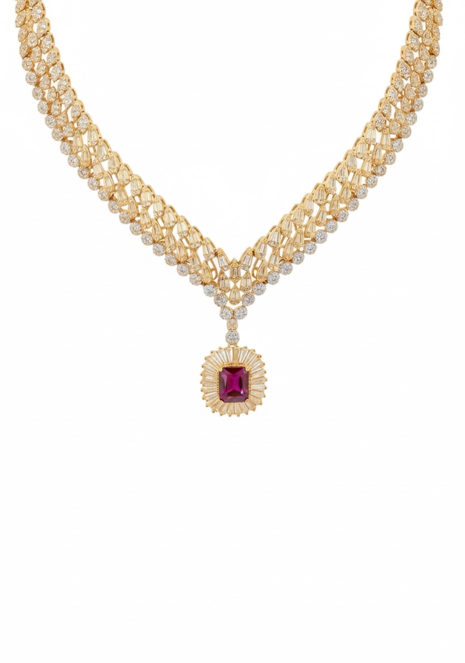 18k gold plated necklace with a ruby centerpiece and simulated diamonds.