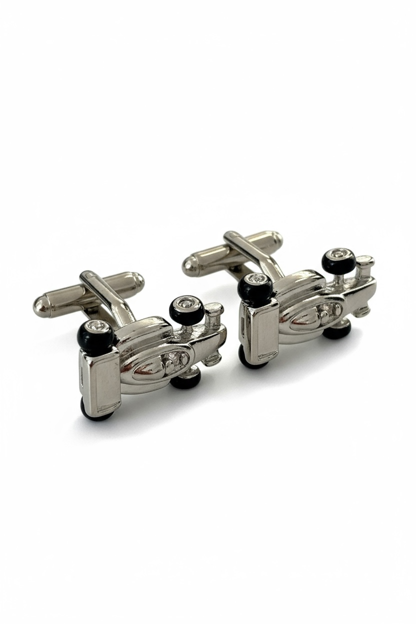Silver racing car cufflinks.