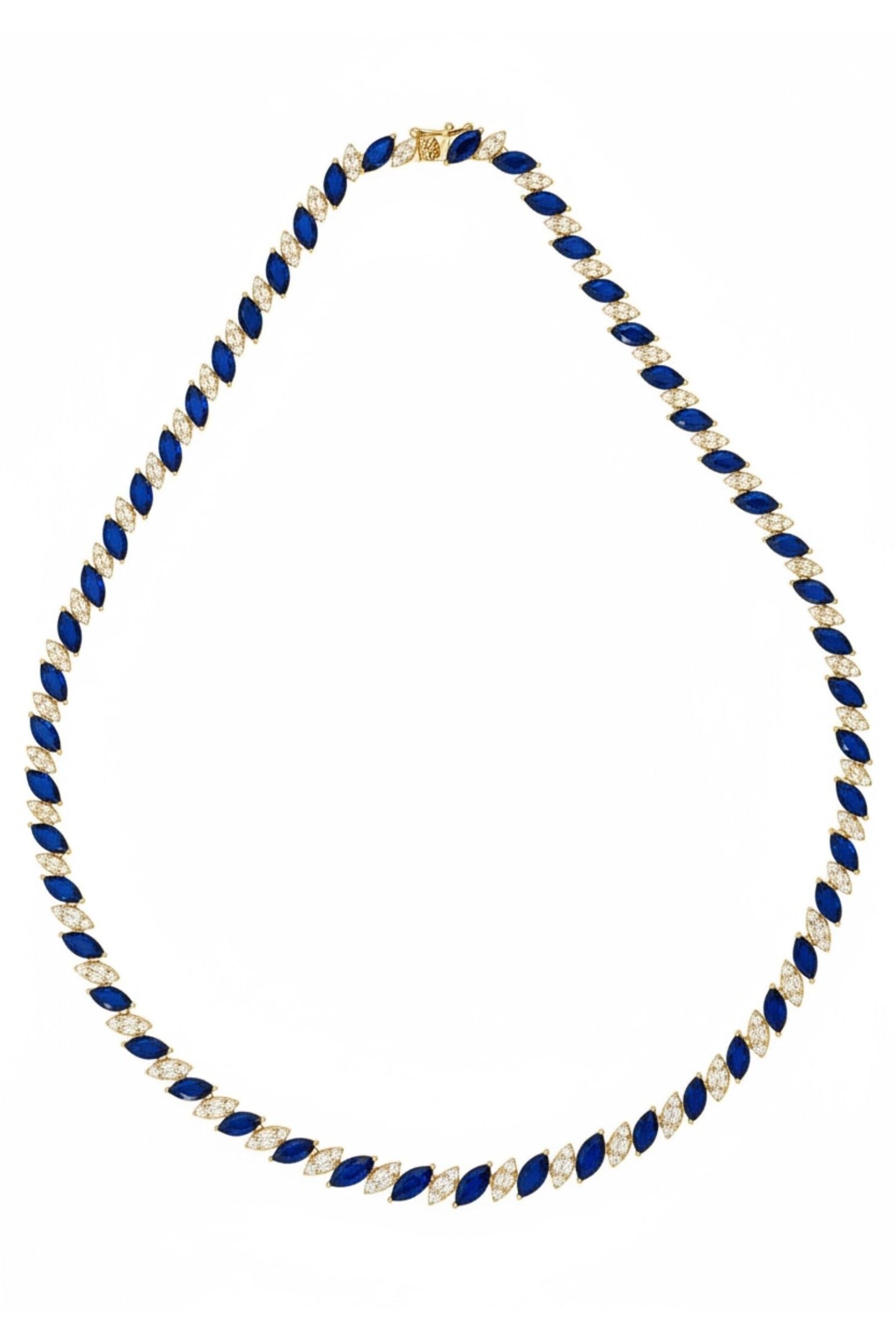 Full view showing the open box clasp and the row of gemstones leading up to it.