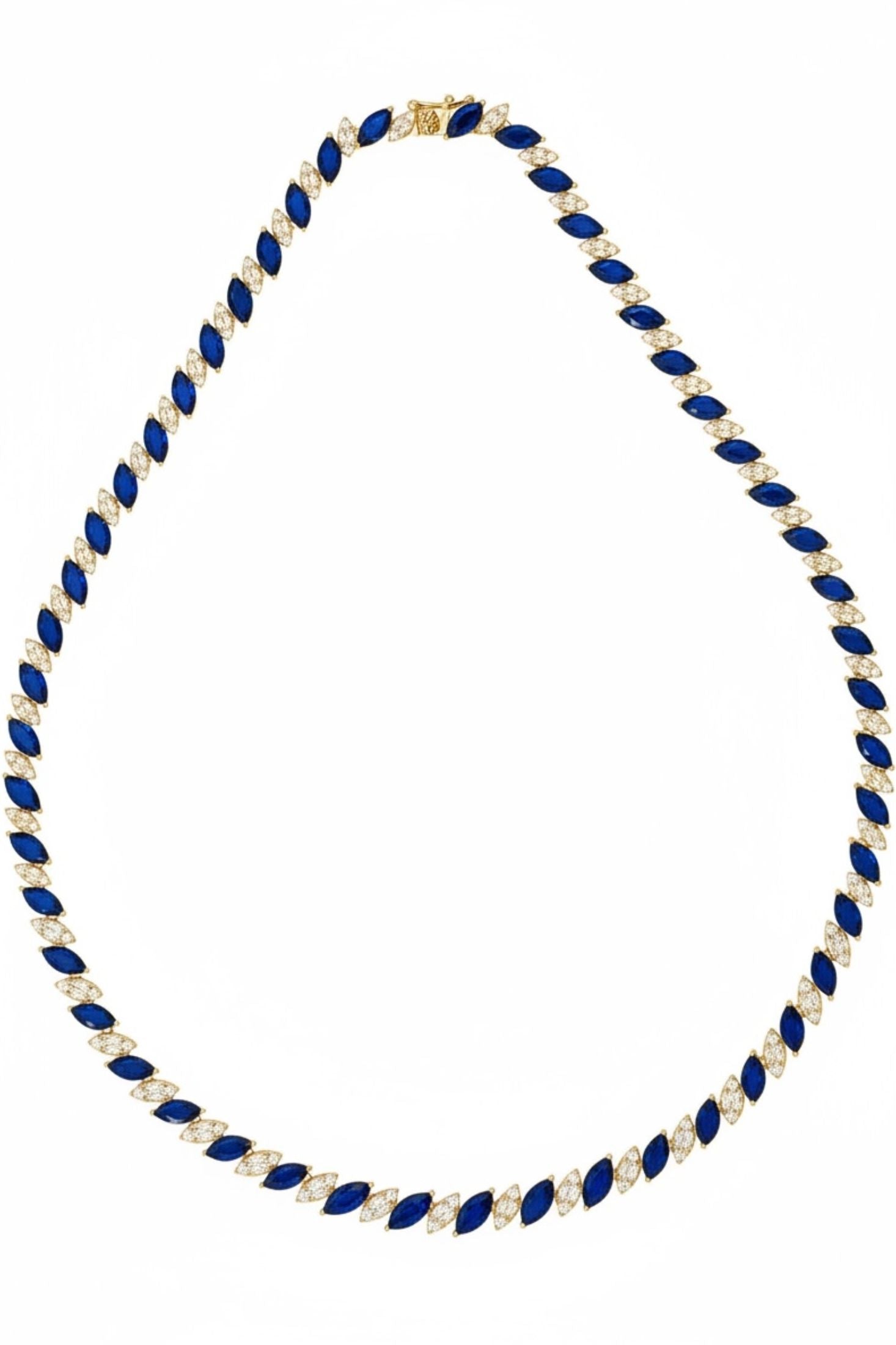 Full view showing the open box clasp and the row of gemstones leading up to it.
