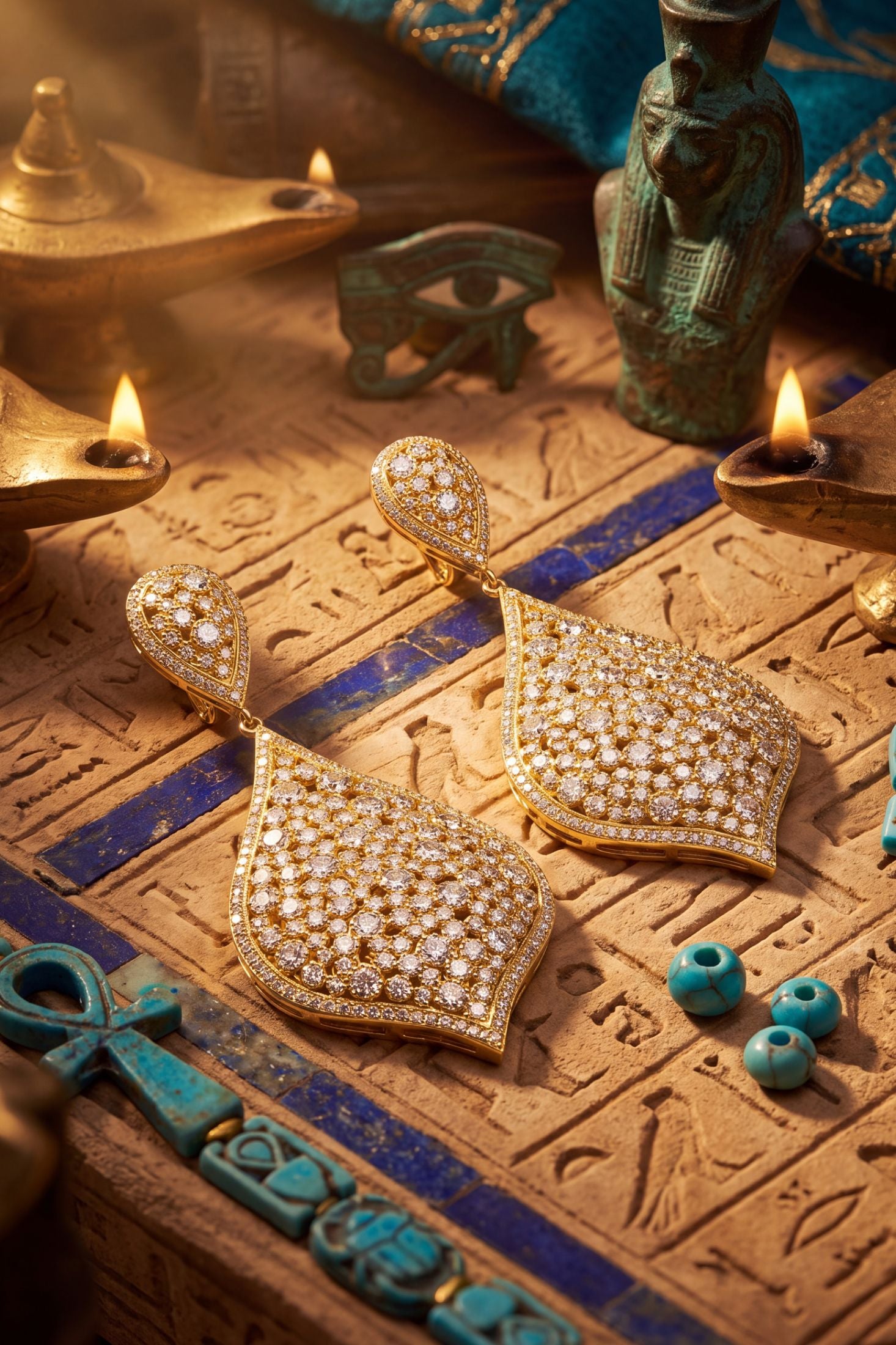 Angled view of Arabian Nights Earrings Gold, showing gold finish and the jewellery profile.
