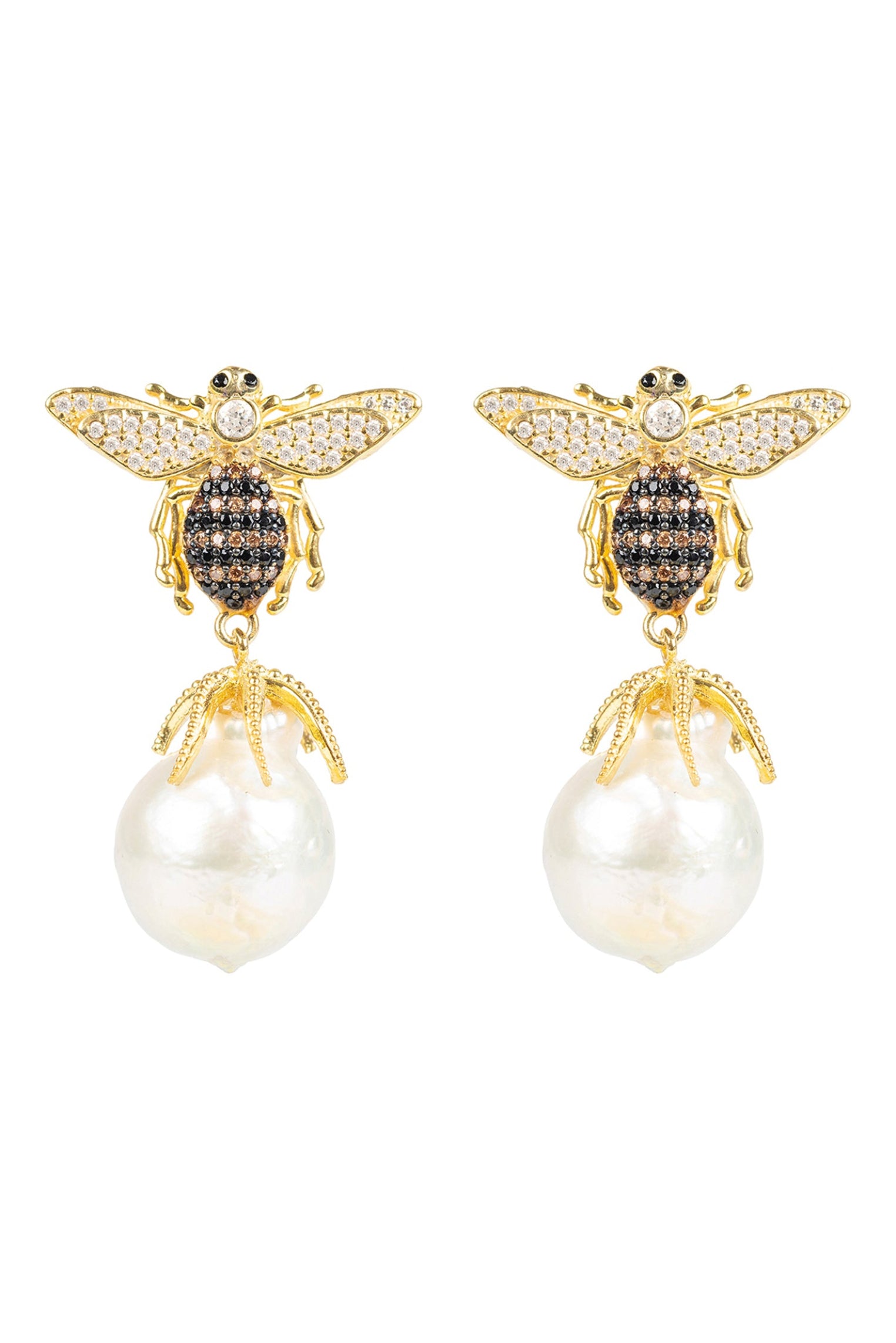 Pearl and gold honeybee earrings.