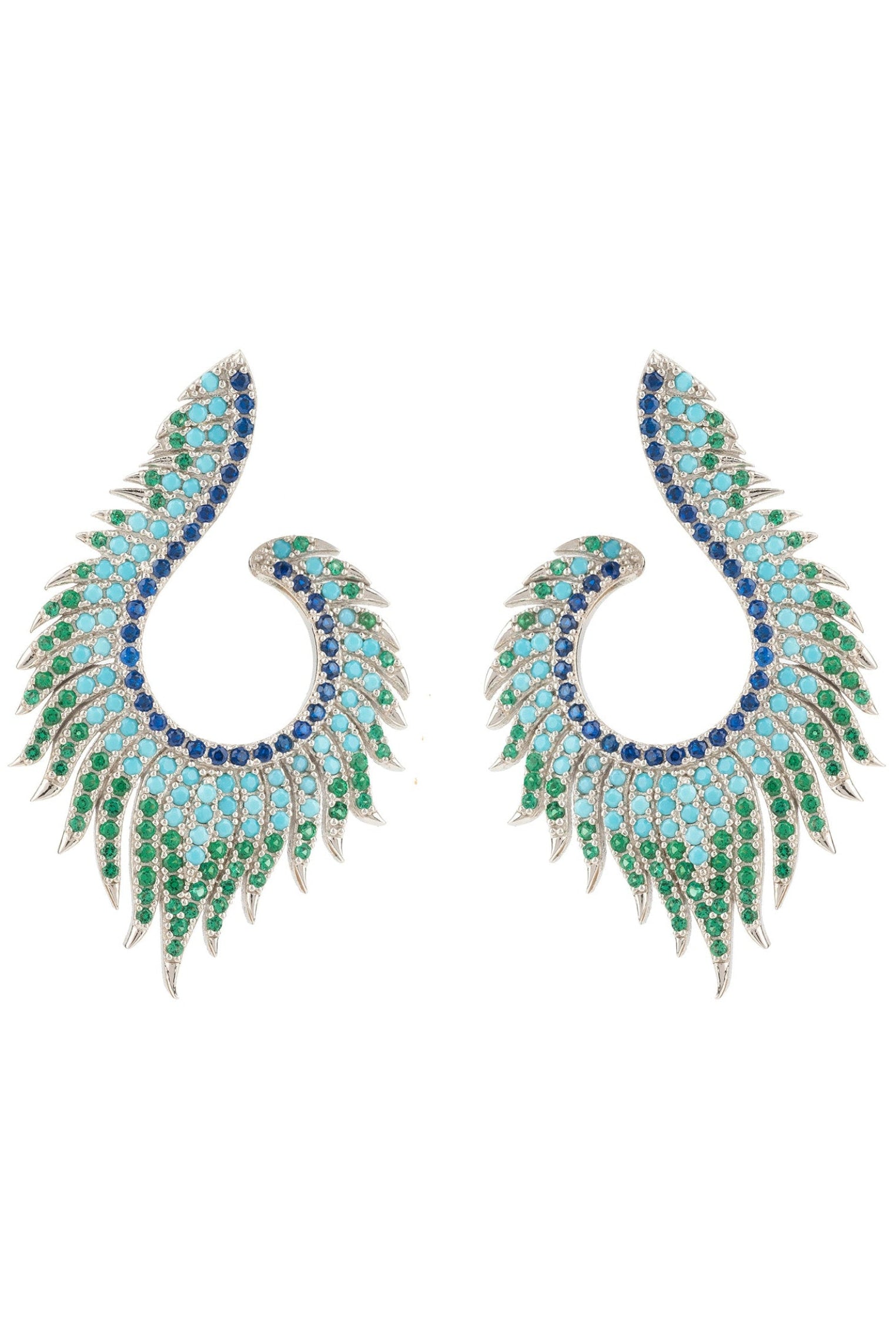 Pair of green and blue feather-shaped earrings on a white background