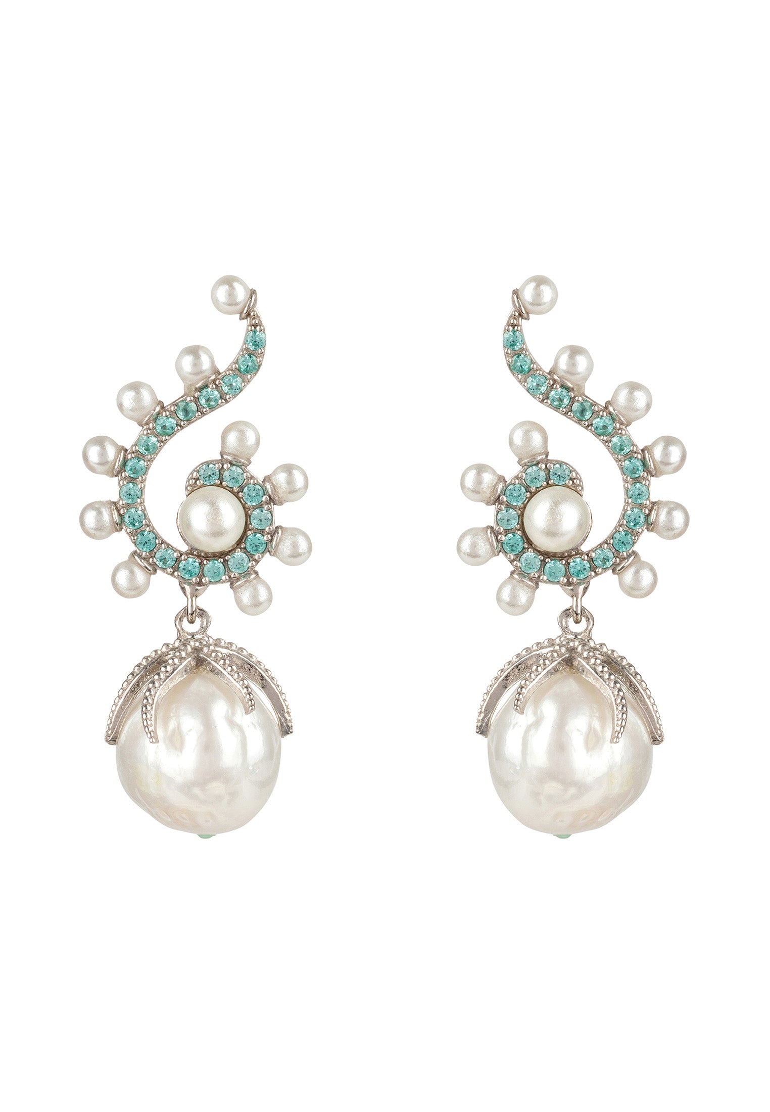 Baroque Pearl Poseidon Gemstone Drop Earrings Aqua Silver