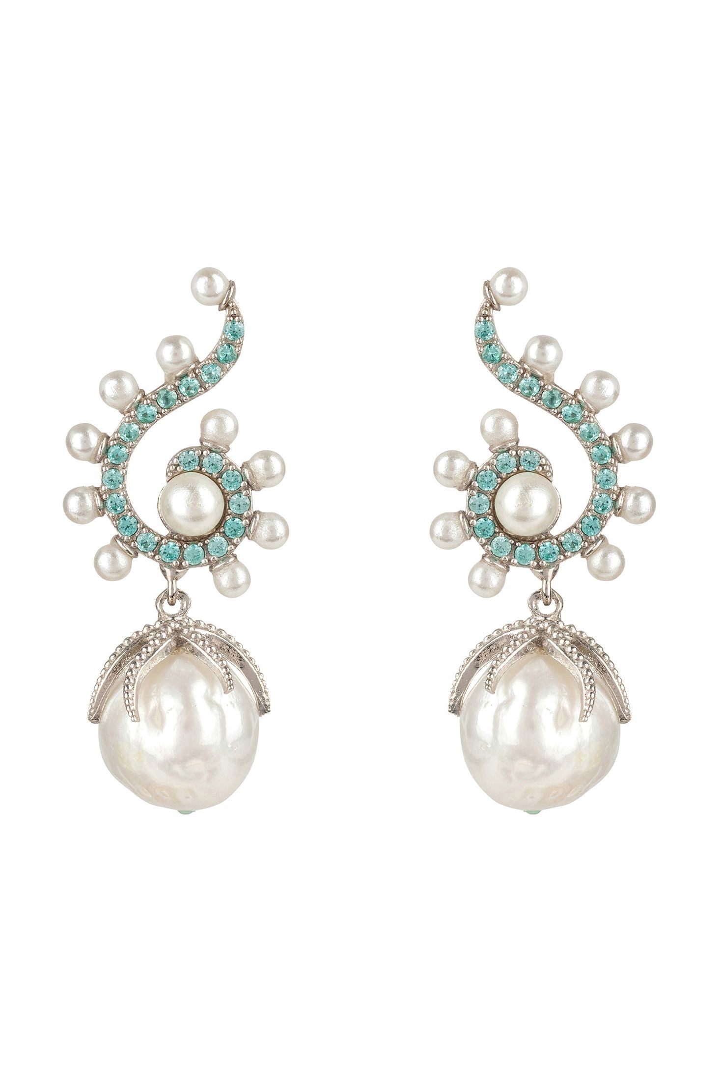 Pair of earrings with pearls and turquoise stones on a white background