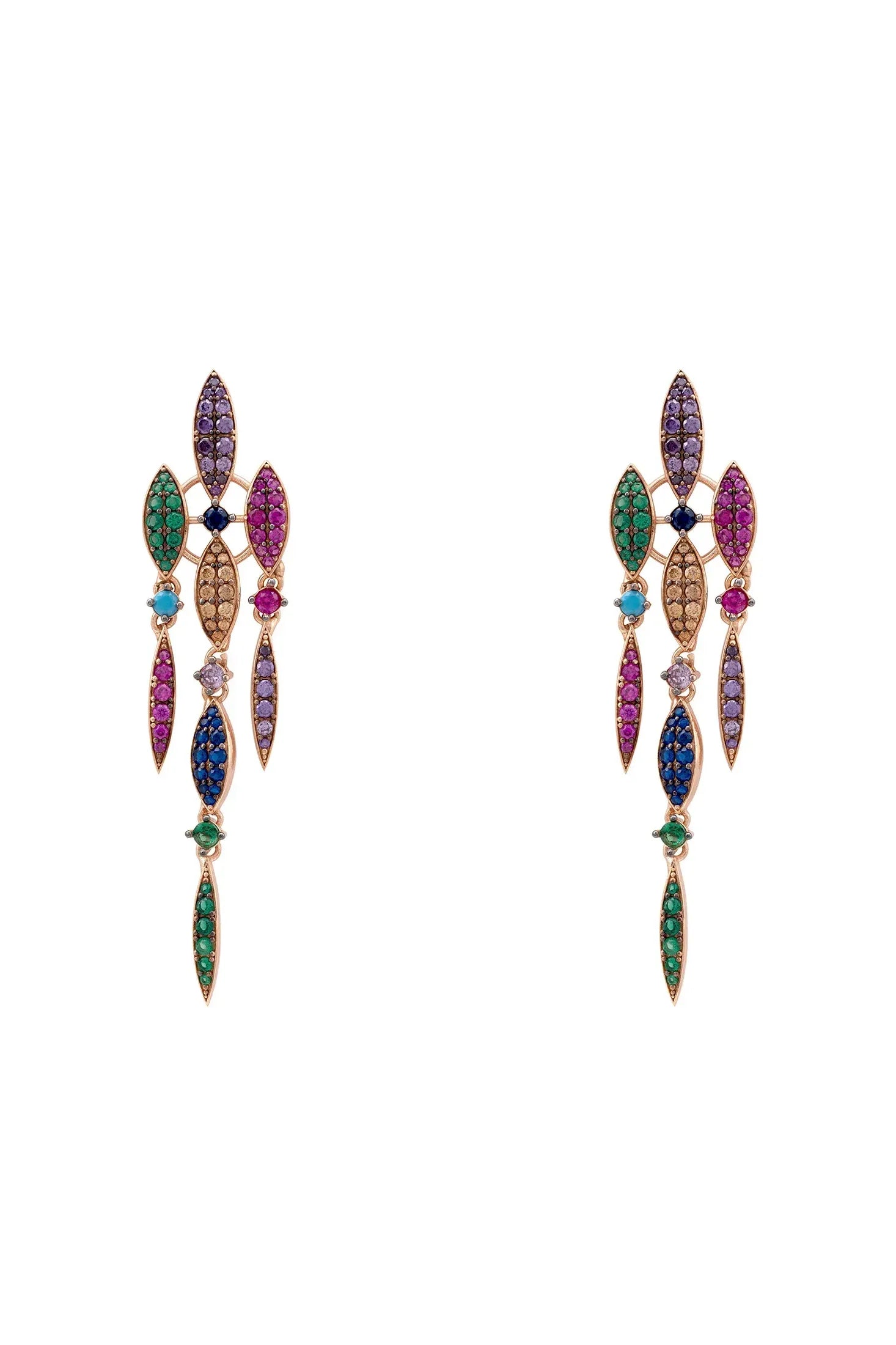 Pair of colorful earrings with gemstones on a white background