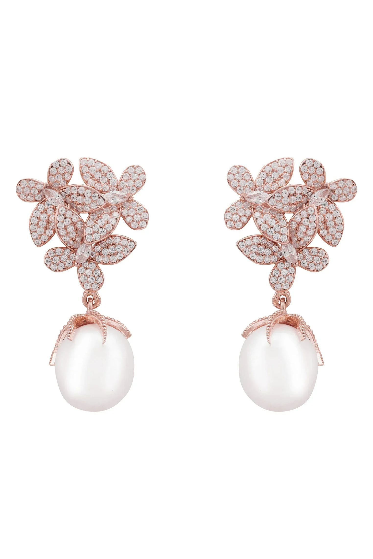 Flowers Pearl Earrings Rosegold White