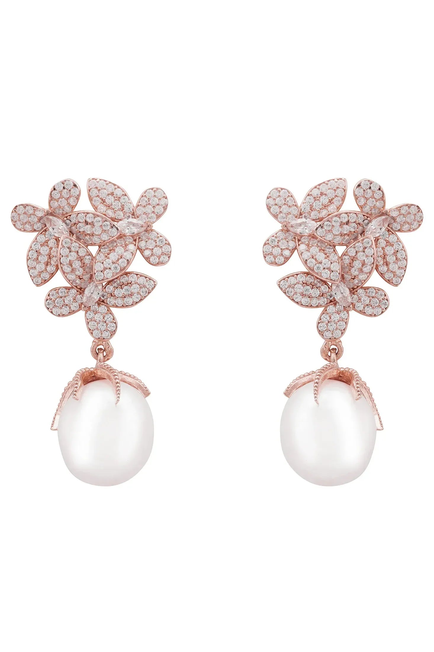 Flowers Pearl Earrings Rosegold White