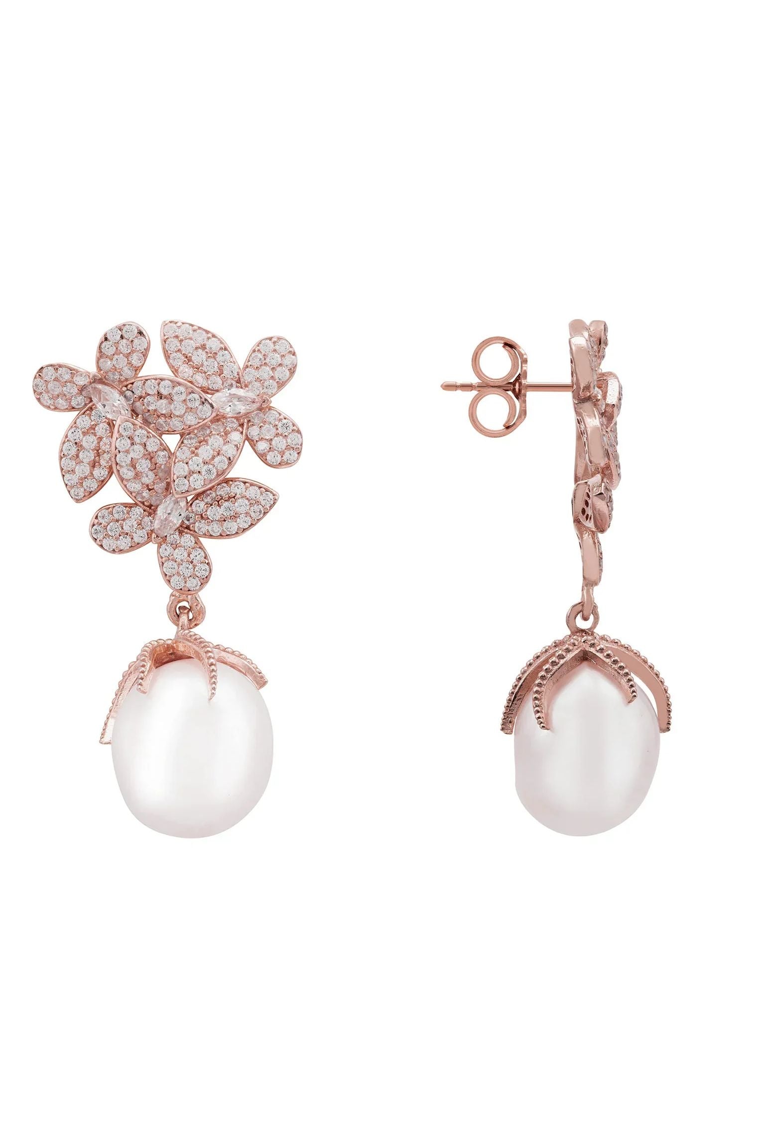 Flowers Pearl Earrings Rosegold White