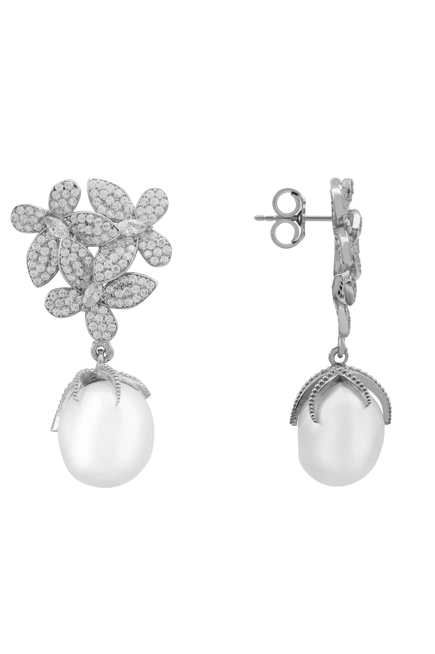 Flowers Pearl Earrings Silver White