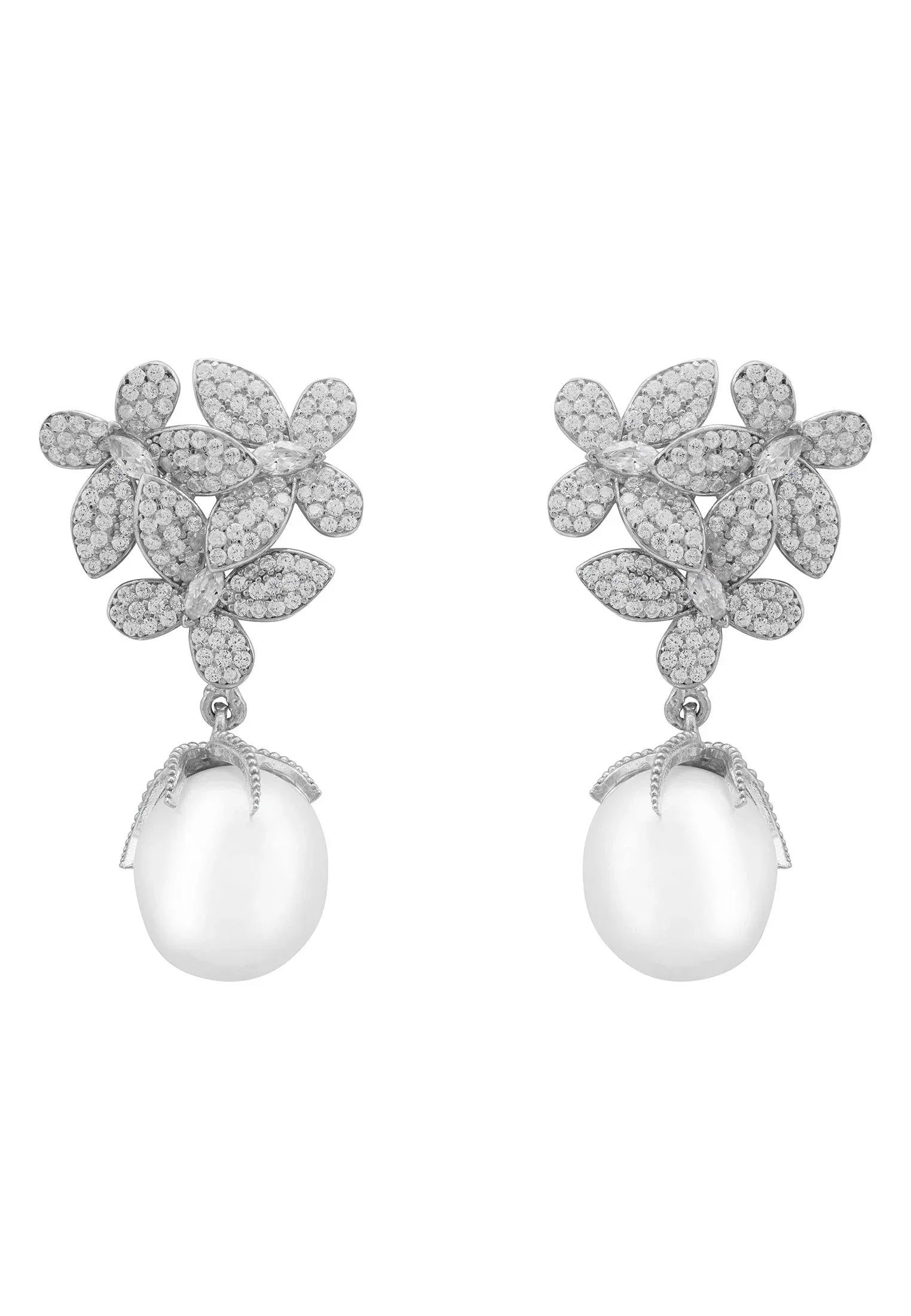 Flowers Pearl Earrings Silver White
