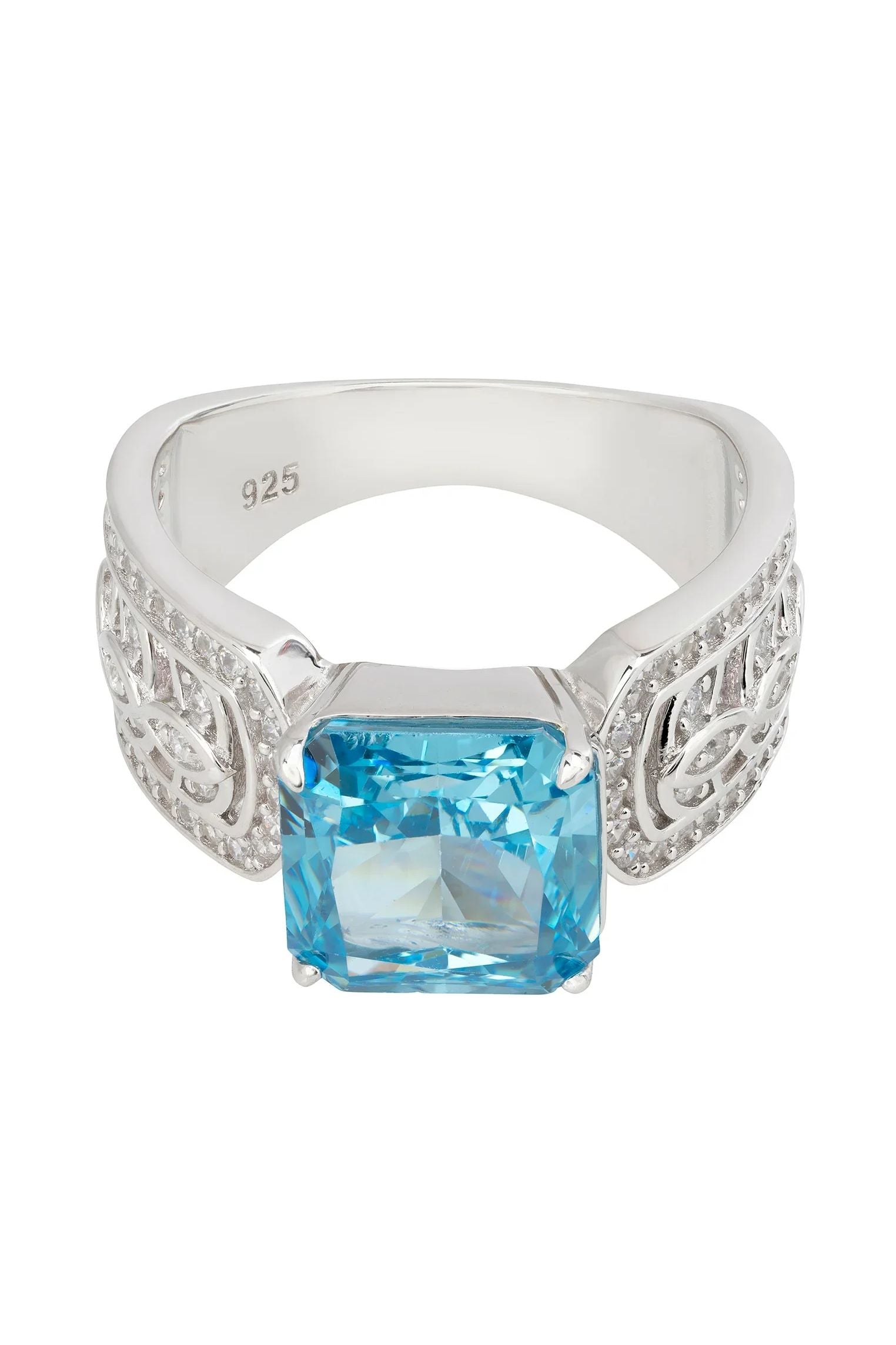Blue gemstone engraved silver ring.