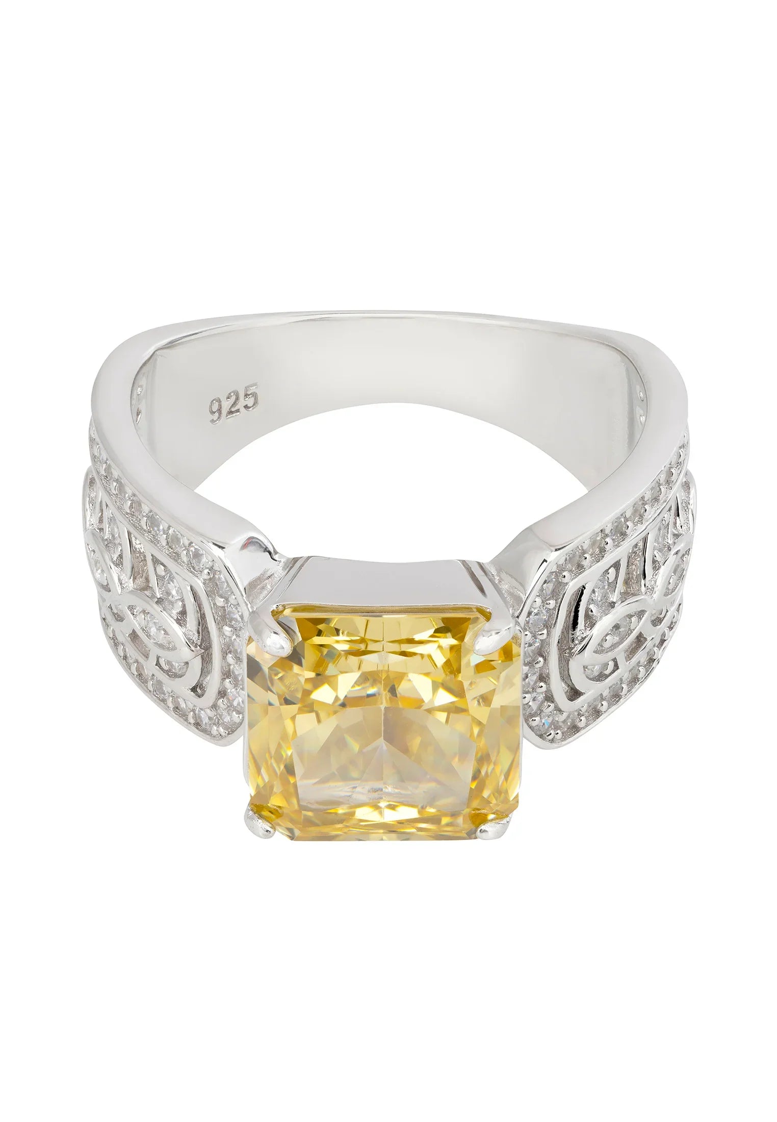Yellow gemstone engraved silver ring.
