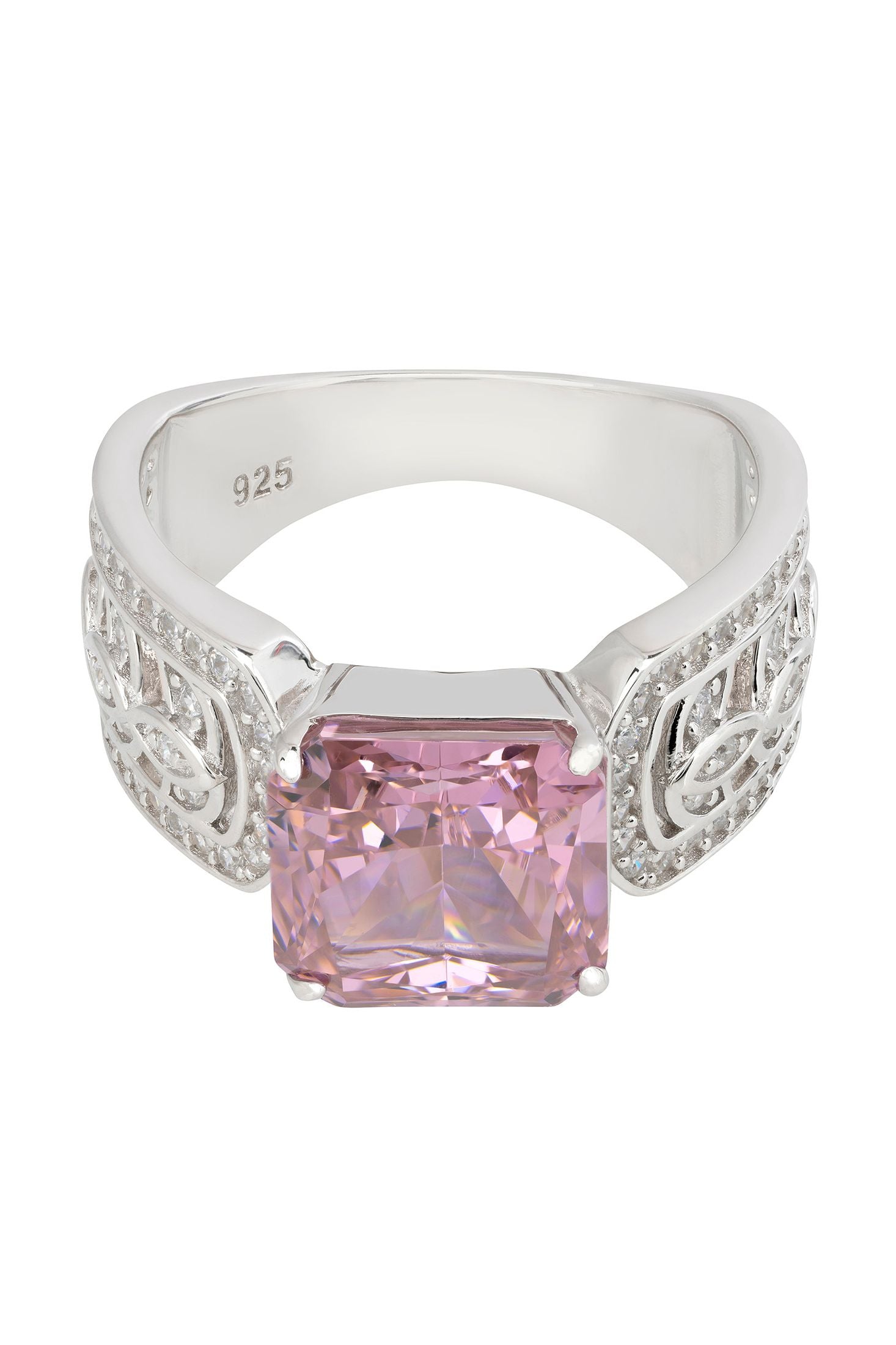 Pink gemstone engraved silver ring.