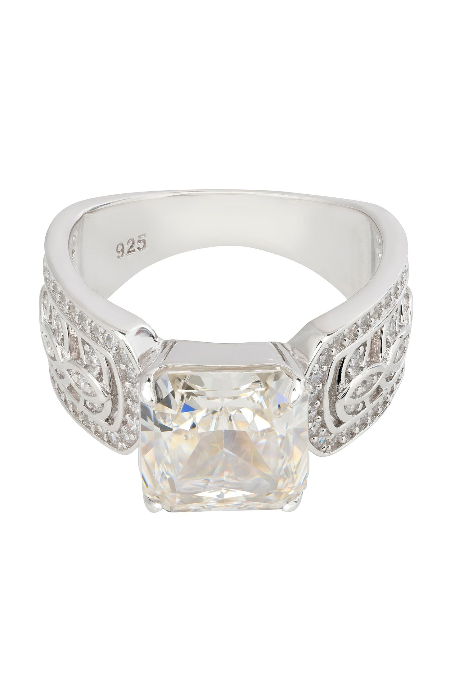 Moissanite engraved silver ring.