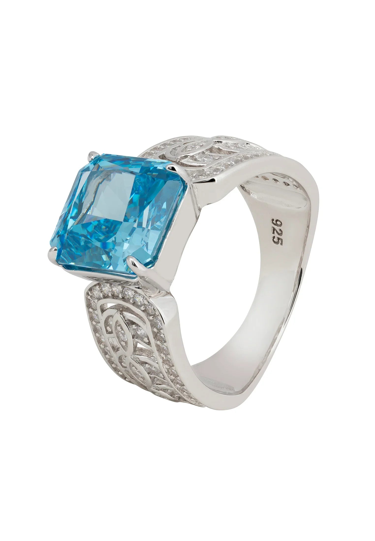 Blue gemstone engraved silver ring.