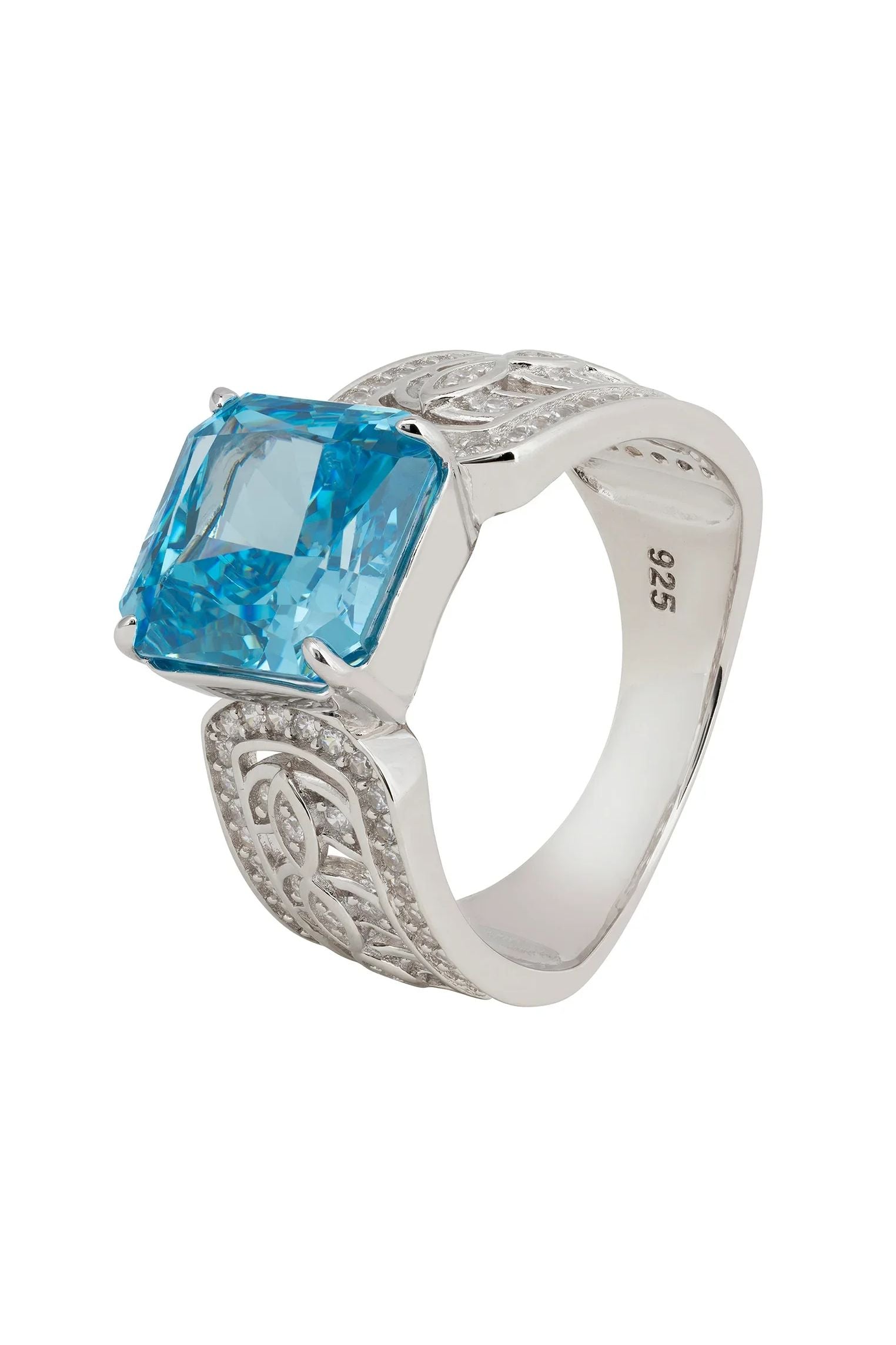 Blue gemstone engraved silver ring.
