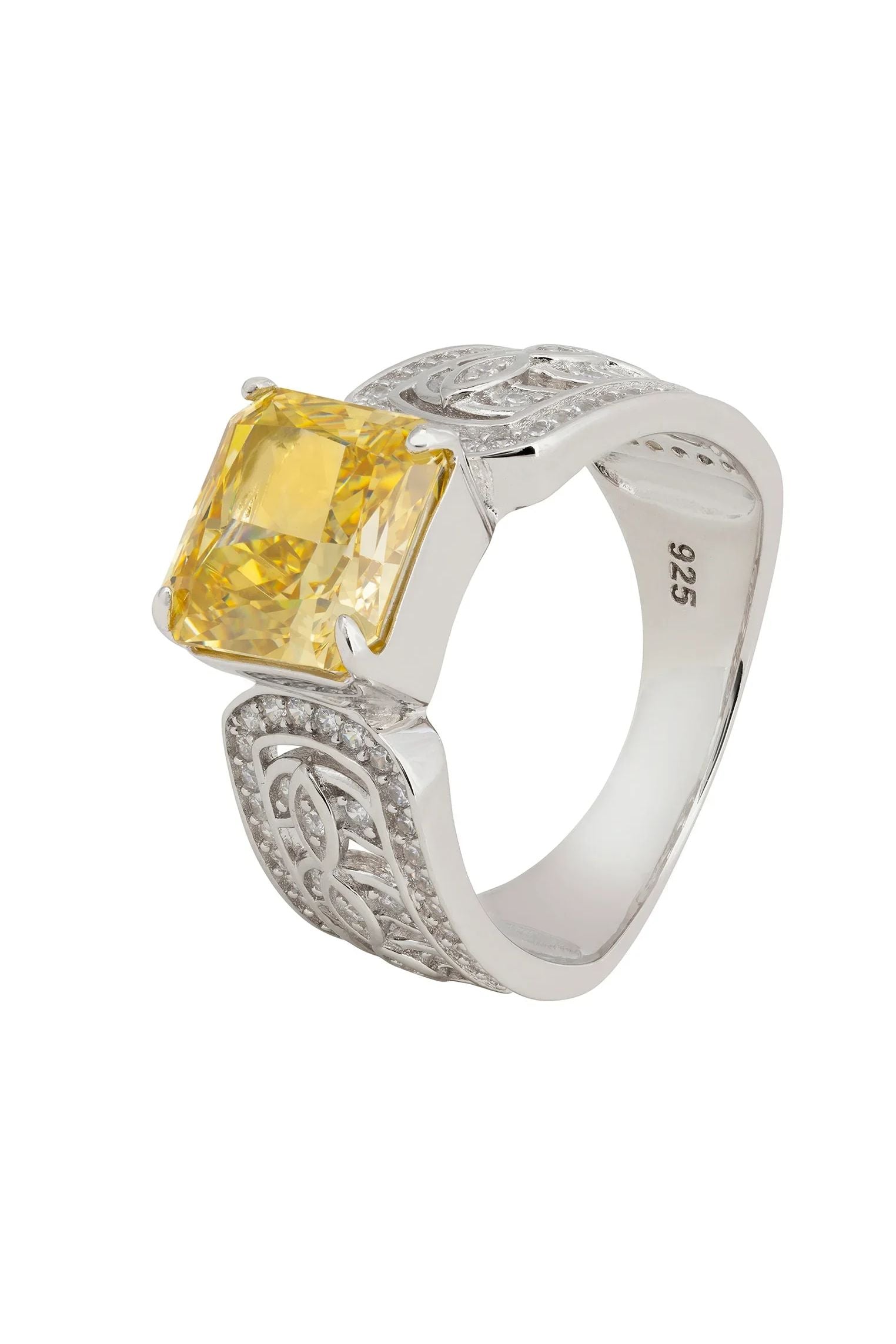 Yellow gemstone engraved silver ring.