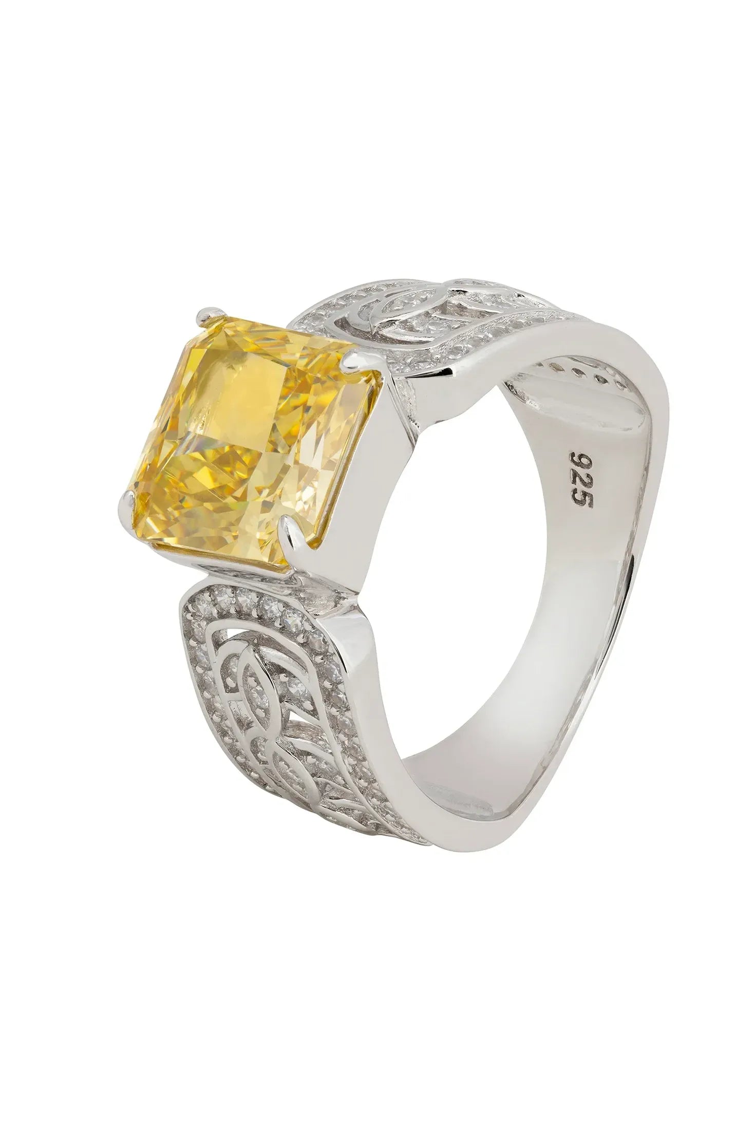 Yellow gemstone engraved silver ring.