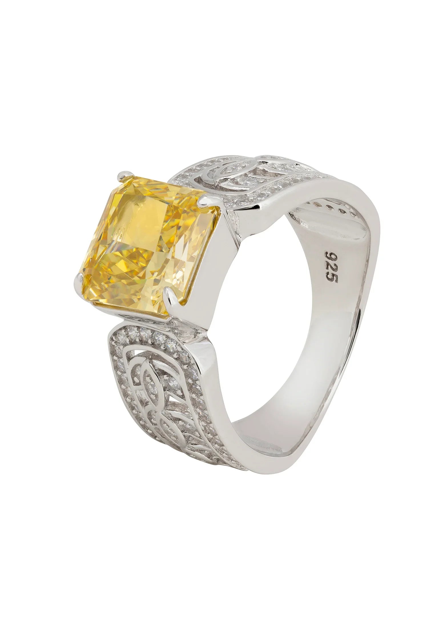 Yellow gemstone engraved silver ring.