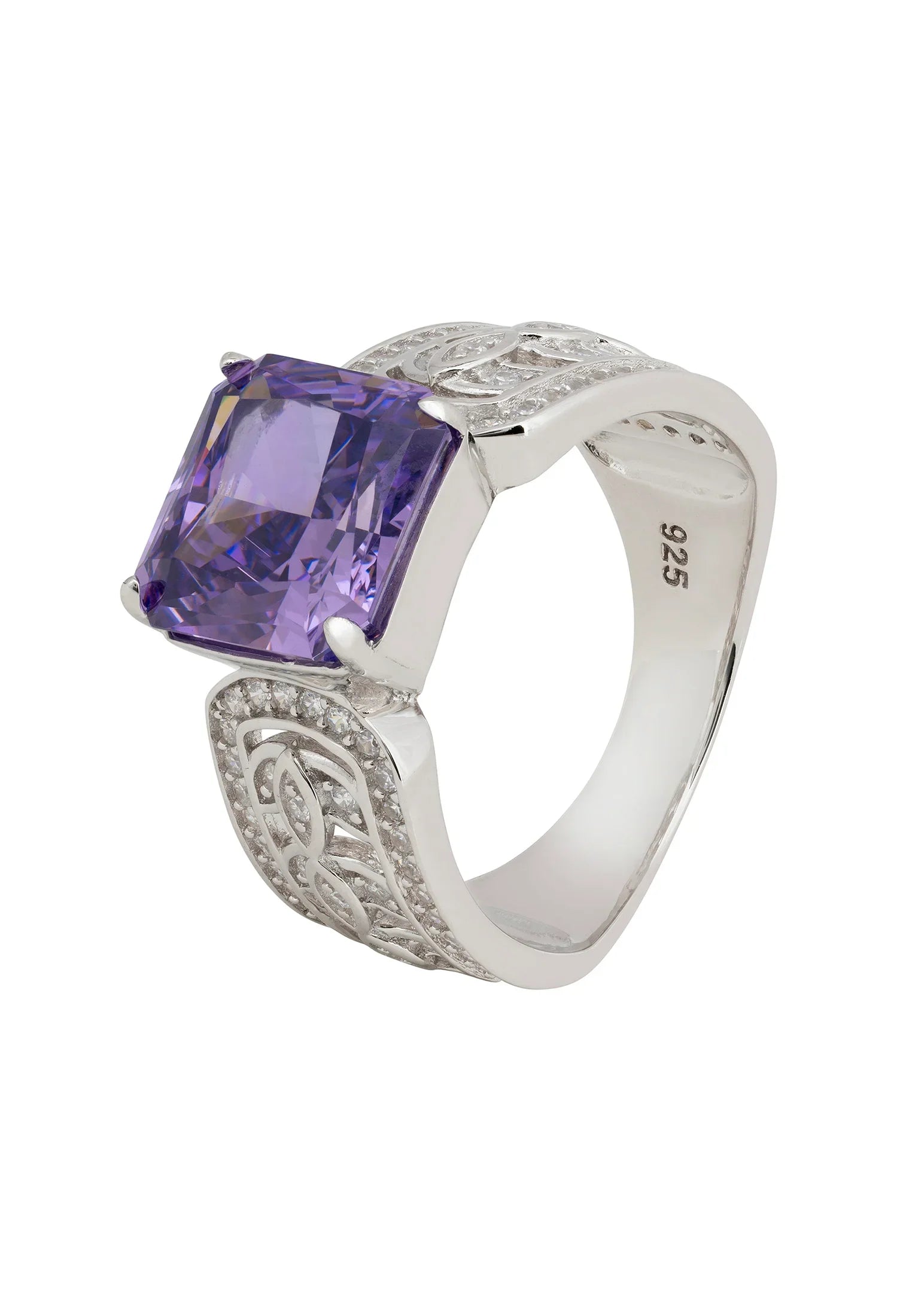 Amethyst engraved silver ring.